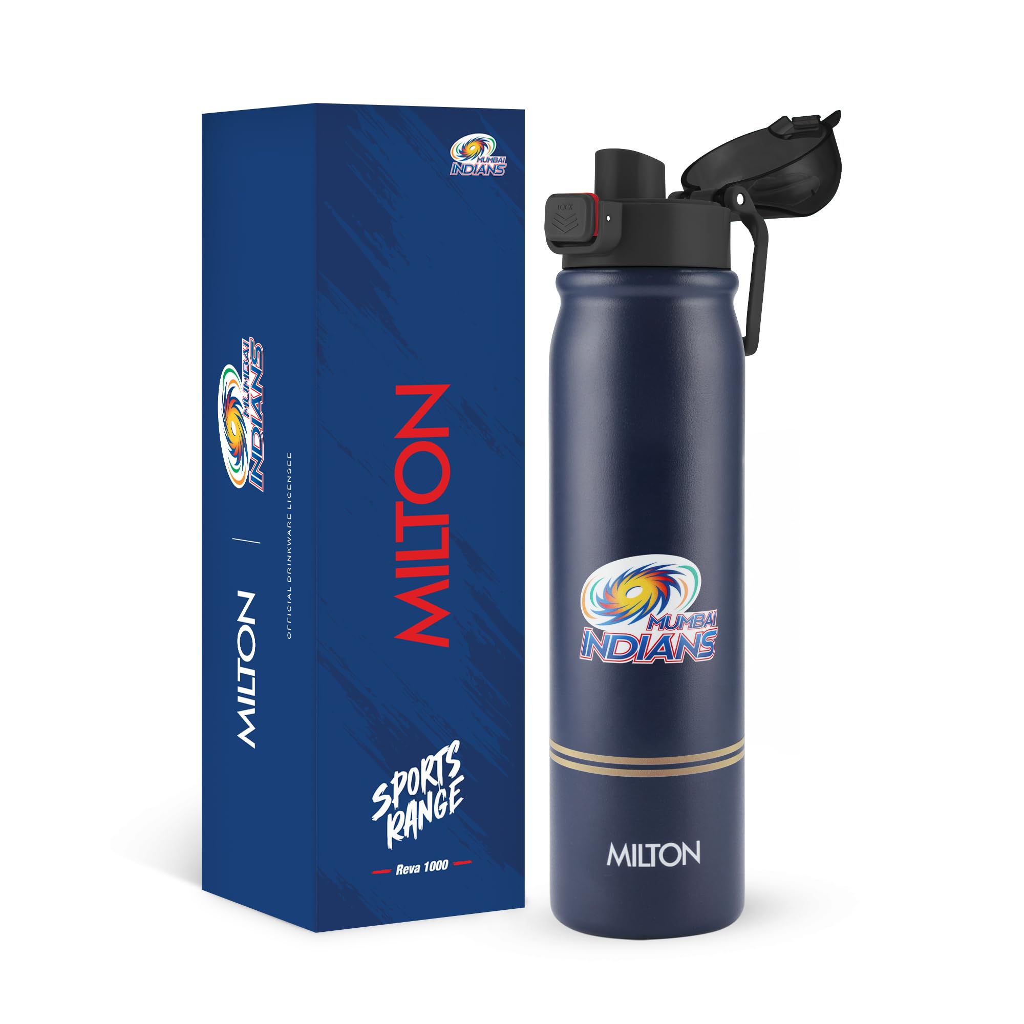 Milton Sports Reva 1000 | MI Official Drinkware Partner I Limited Edition Mumbai Indians Water Bottle | Stainless Steel Sipper with Twin Lid | Leak Proof | Designed for Cricket Fans I 1 L | Blue