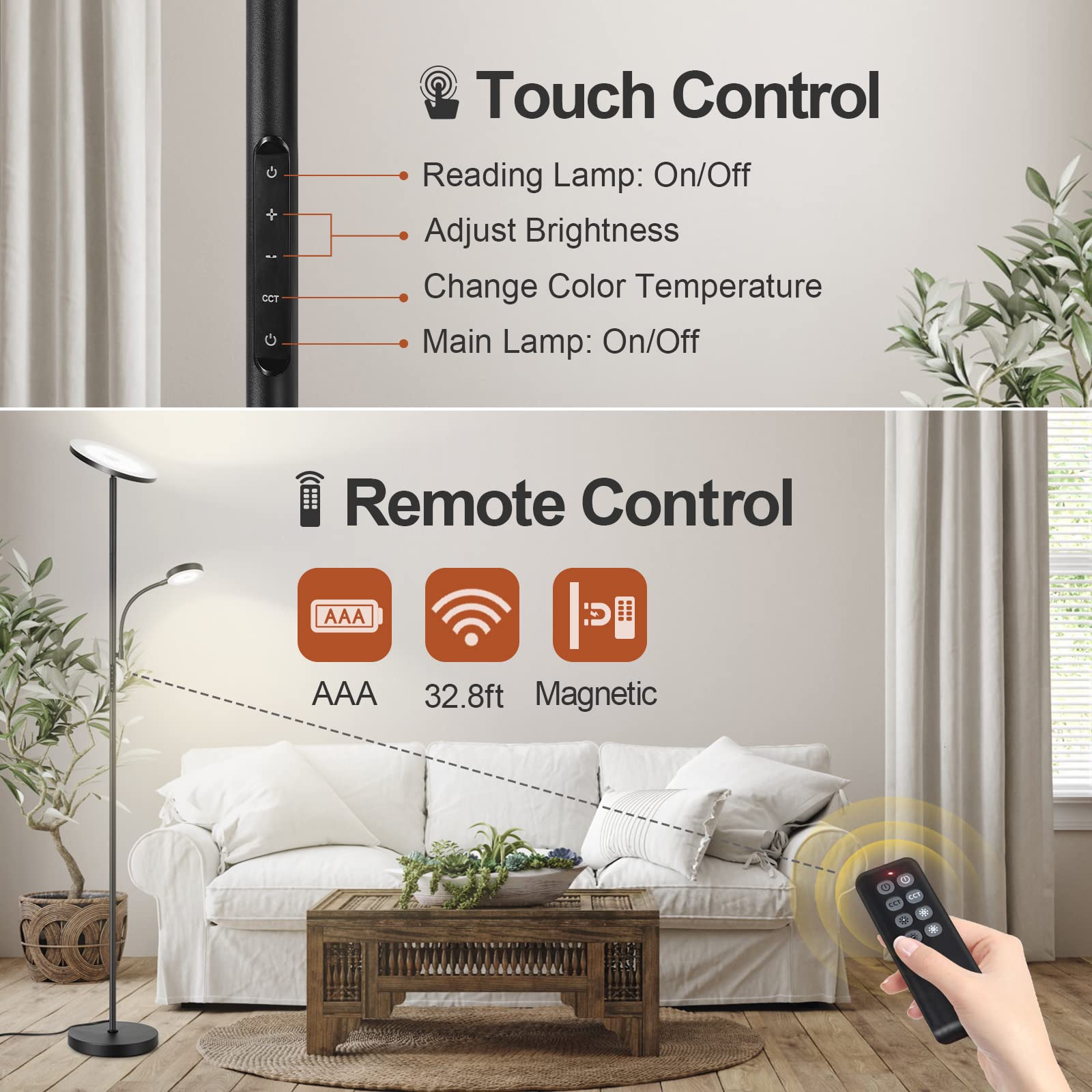OUTON Lámpara de Pie LED, 34W, Regulable, con 6 Modos,3000-6000K con Control Remoto y Táctil y Temporizador de 1 Hora, de Salón de Lectura para Dormitorio, Oficina, Negro