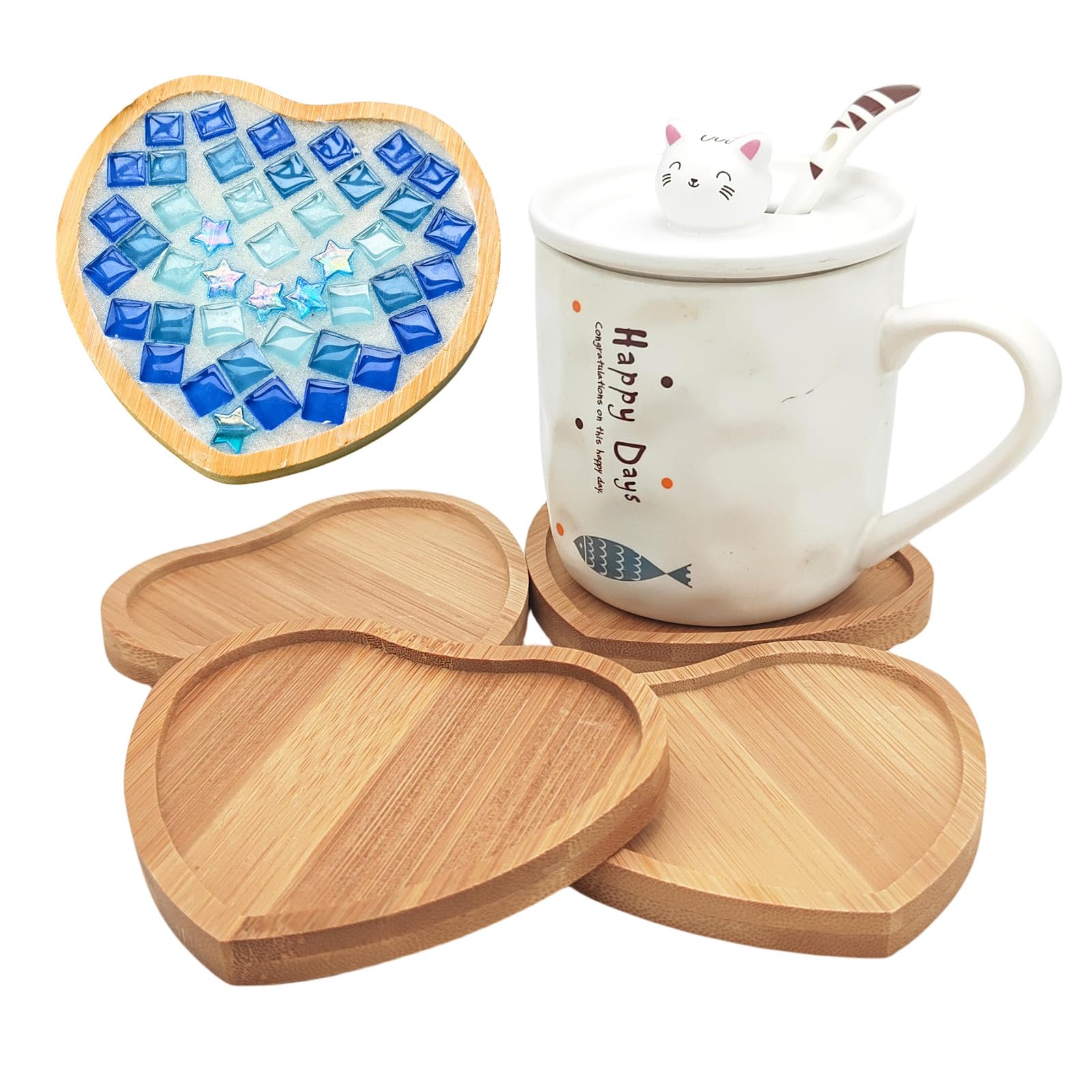 4PCS Bamboo Mosaic Coasters, Blank Base Trays for Crafts DIY Mosaic Supplies, Drinking Cup Coaster, Plant Coaster, Art Plate (Heart) โ image 1