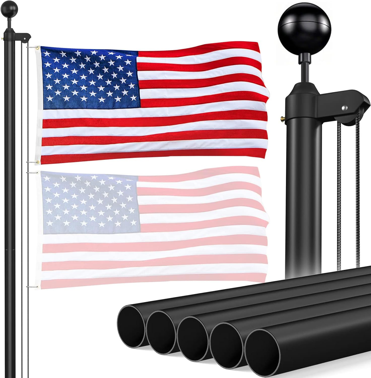 Flag Pole for Outside In Ground, 20FT Sectional Flag Pole Kit, Extra Thick 14 Gauge Heavy Duty Aluminum Flagpole, Outdoor Flag Poles with 3x5 American Flag for Yard, Residential or Commercial