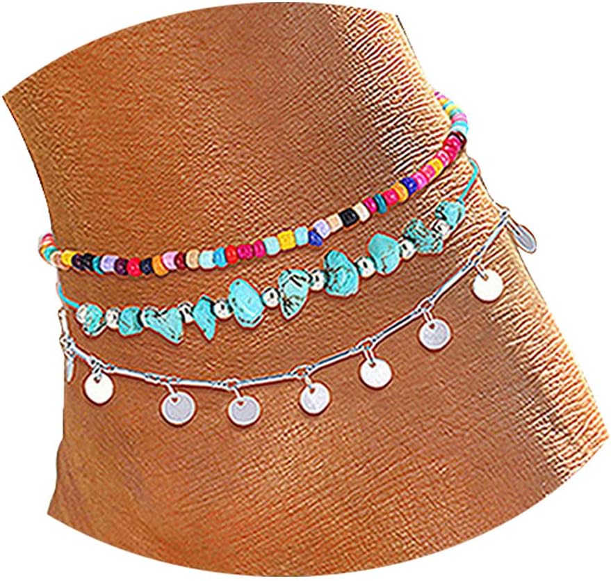 YAHPERNAnklets For Women Girls Color Beads Turquoise Drop Sequin Charm Adjustable Ankle Bracelets Set Boho Multilayer Beach Foot Jewelry