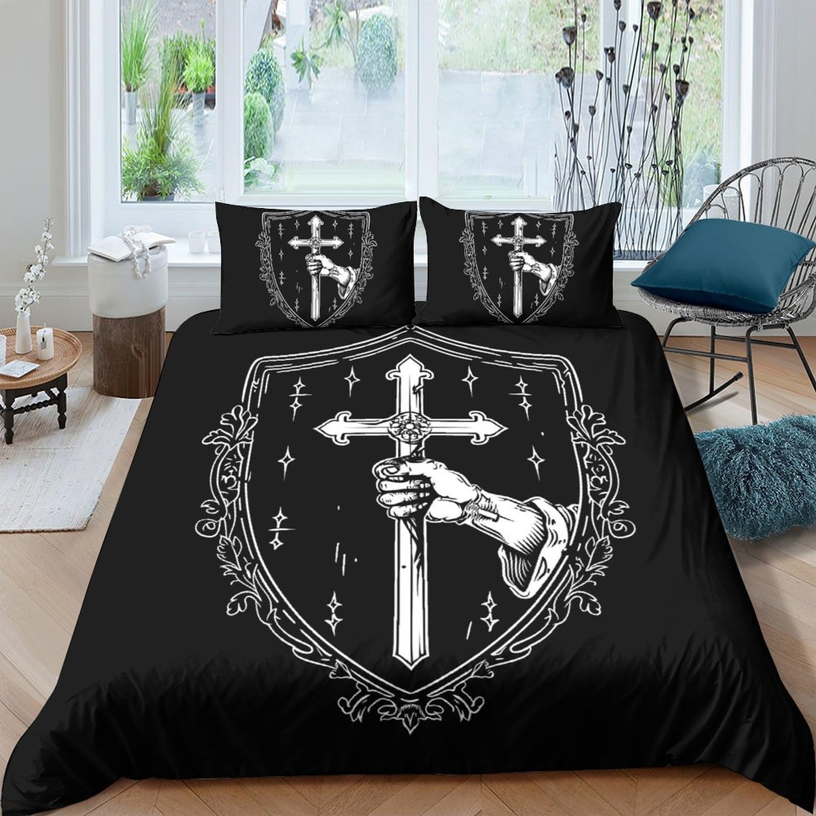GPLZQXKJNH 3D Printed Gothic Cross Duvet Cover Set Microfiber Black Medieval Hand Sword Bedding with 2 Pillowcases for Bedroom Decor Single（135x200cm）