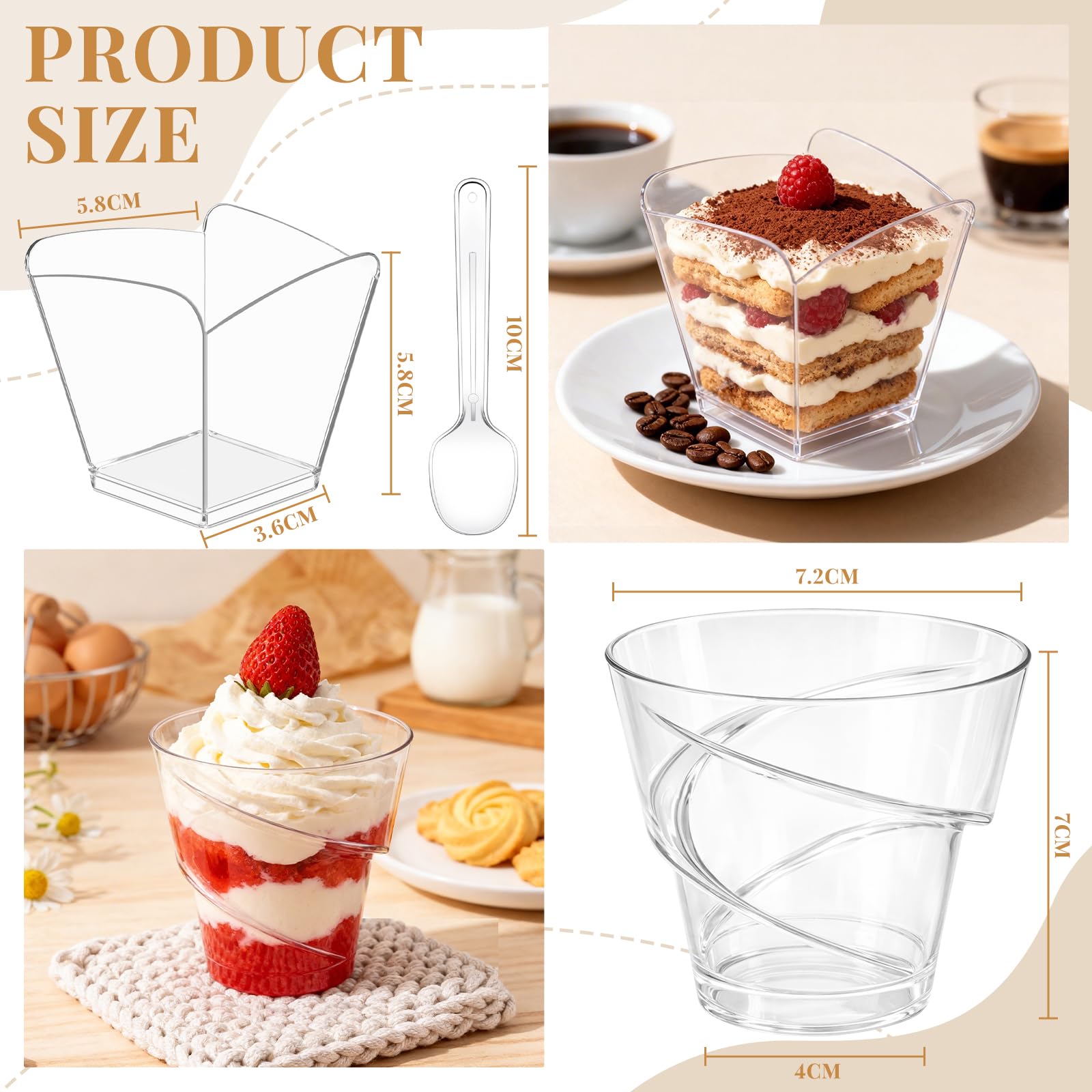 100 bicchieri da dessert in plastica, 160 ml, con cucchiaio, 2 diversi disegni, riutilizzabili, per gelati, mousse, budini, feste, compleanni, matrimoni