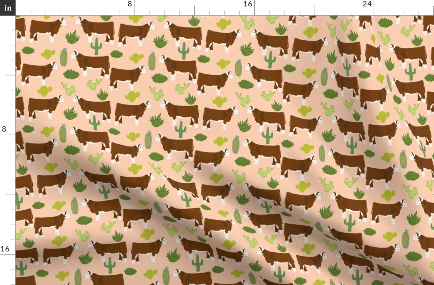 Spoonflower Fabric - Hereford Cow Cattle Cactus Peach Farm Animals Animal Southwestern Pet Printed on Organic Cotton Sateen Fabric by The Yard - Sewing Quilting Apparel Home Decor