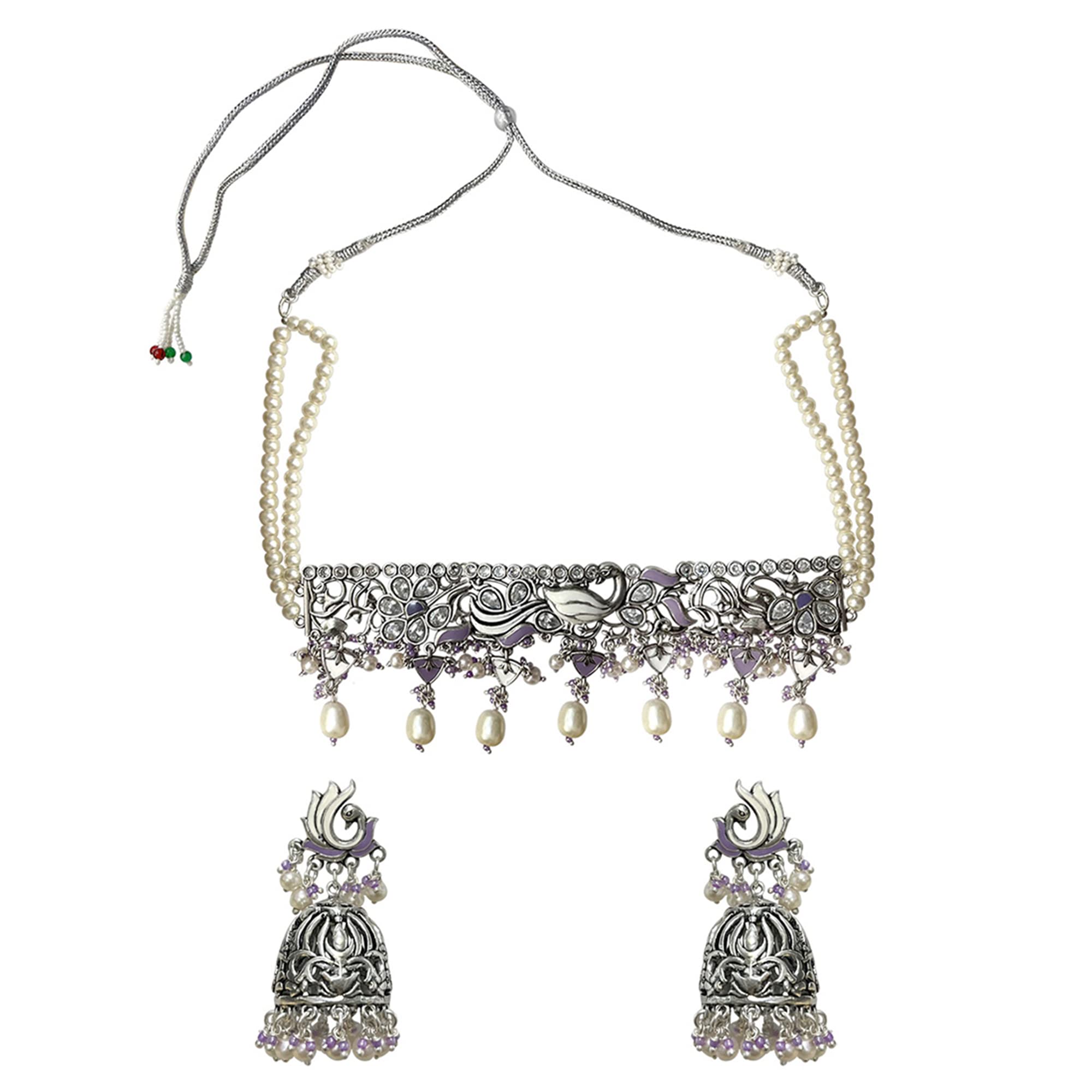 VOYLLAFiligree Design Silver Toned Round Faux Pearls Jewellery Set