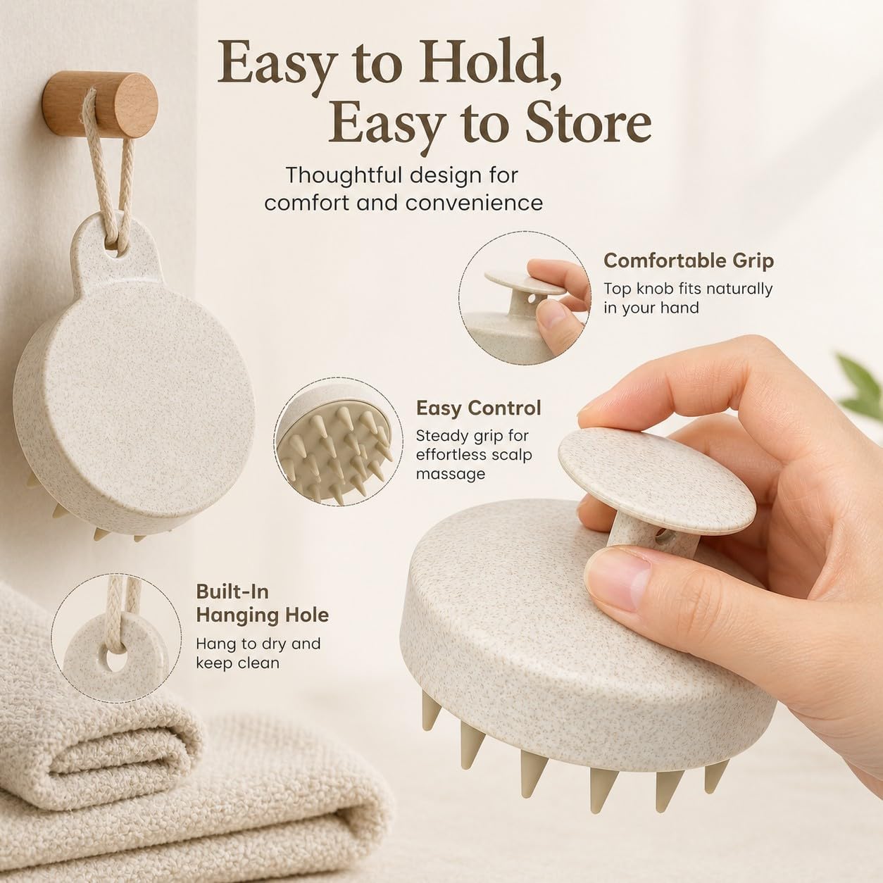 Scalp Massager Shampoo Brush 2-Pack, Hair Scrubber with Soft Silicone Bristles, Eco-Friendly Wheat Straw Head Massager for Dandruff Removal & Scalp Exfoliation, Wet/Dry Hair Cleaning Brush, Beige