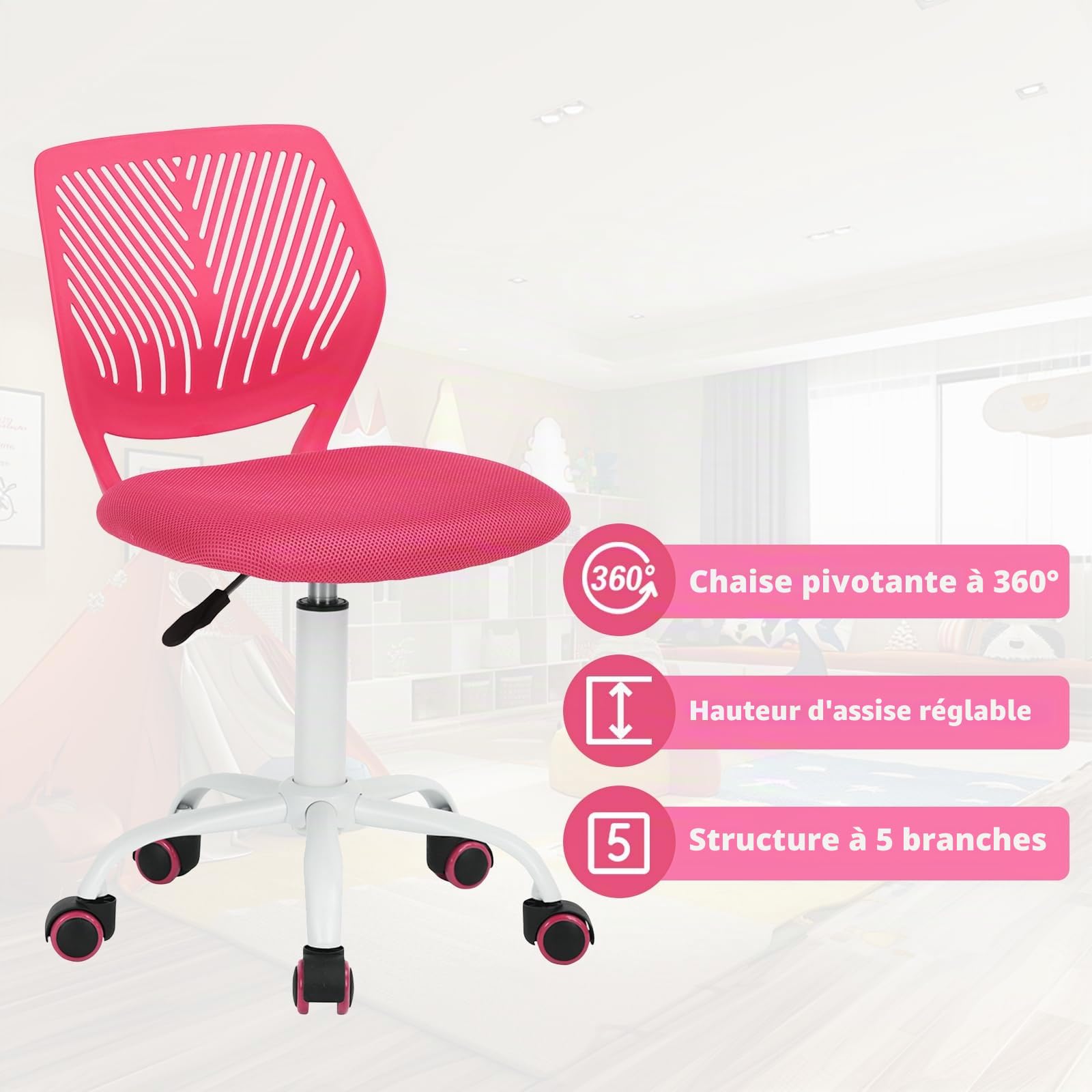 FurnitureR Chaise de Bureau adaptée aux Enfants pour l'apprentissage à la Maison, Fauteuil Roulant Ergonomique réglable en Hauteur pour Les Jeunes apprenants, Design Rose Vif