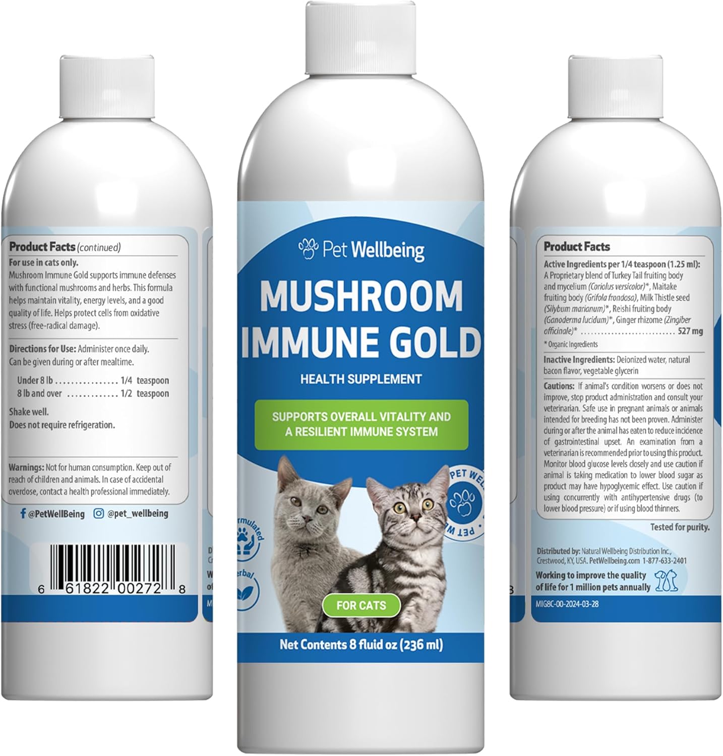 Pet Wellbeing Mushroom Immune Gold for Cats - Complementary Immune Support with Functional Mushrooms Reishi, Maitake & Turkey Tail - NASC Certified & Vet-Formulated - 8 oz Liquid Formula