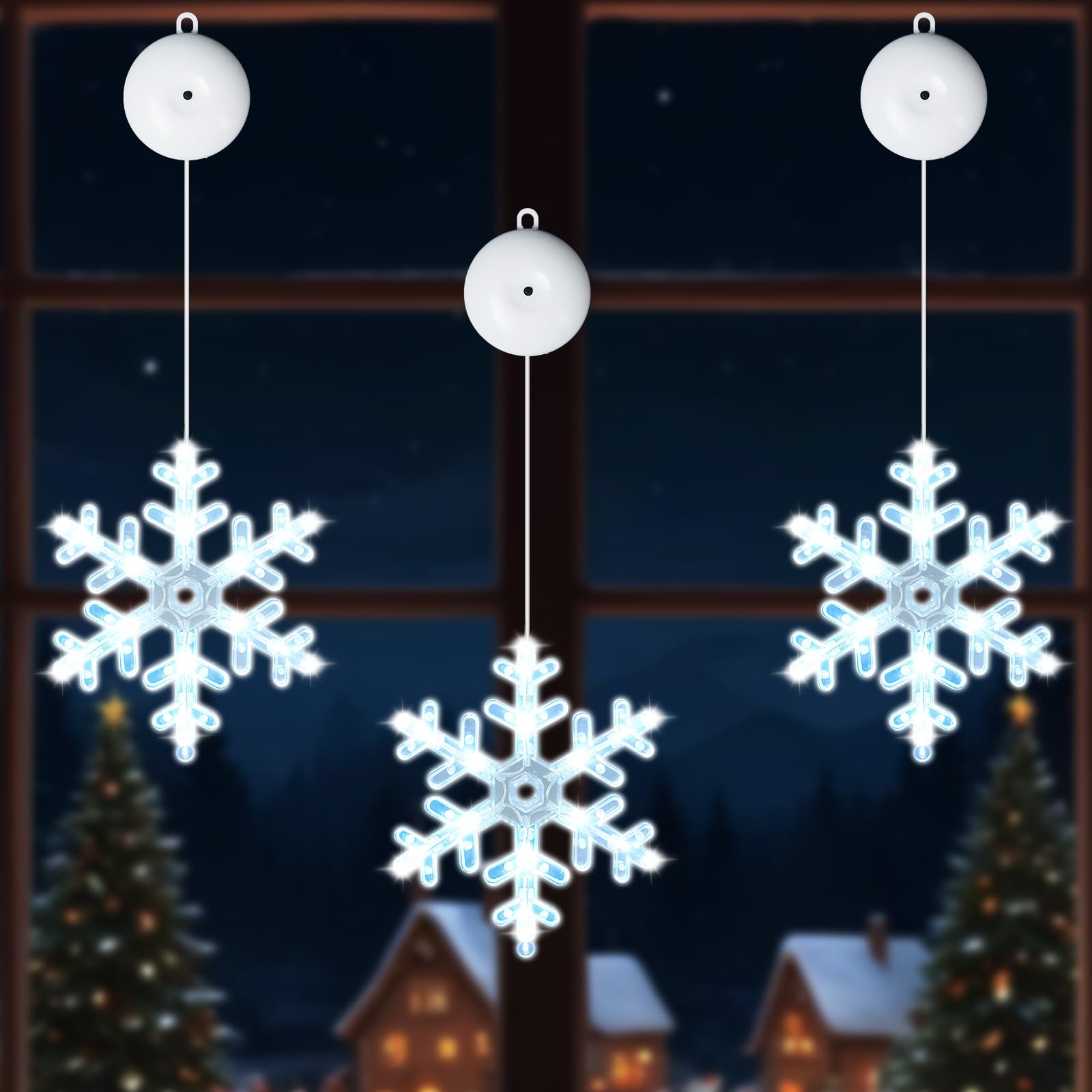 Lamptobe Cool White 3Pcs Christmas Snowflake Window Light, Battery Powered Hanging Christmas Window Lights Bright White With Suction Cup, Timer And 3 Modes, Suitable For Xmas Tree Fireplace Window Decoration