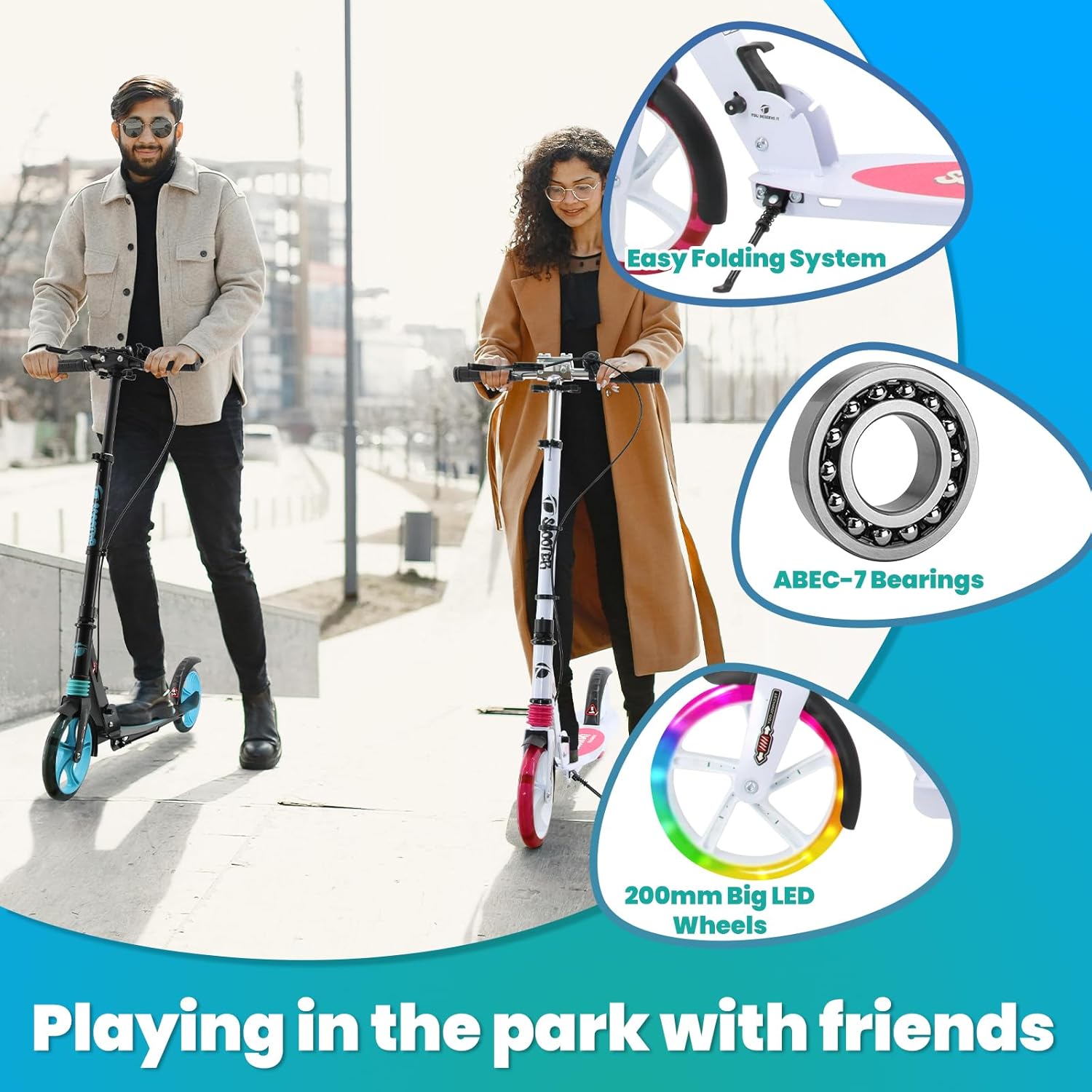 LED Light Up Large Wheels Scooter for Kids Ages 6-12 and Adults with Handbrake, Kick Scooters for Teens 12 Years and Up with Carry Strap and Bell, Easy Fold, Height Adjustable - Image 4