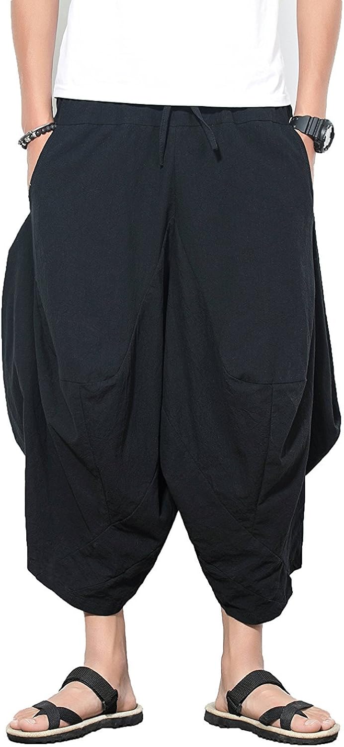 INVACHI Men's Linen Capri Pants Casual Drawstring Yoga Pants Baggy Harem Pants Wide Leg Beach Capris