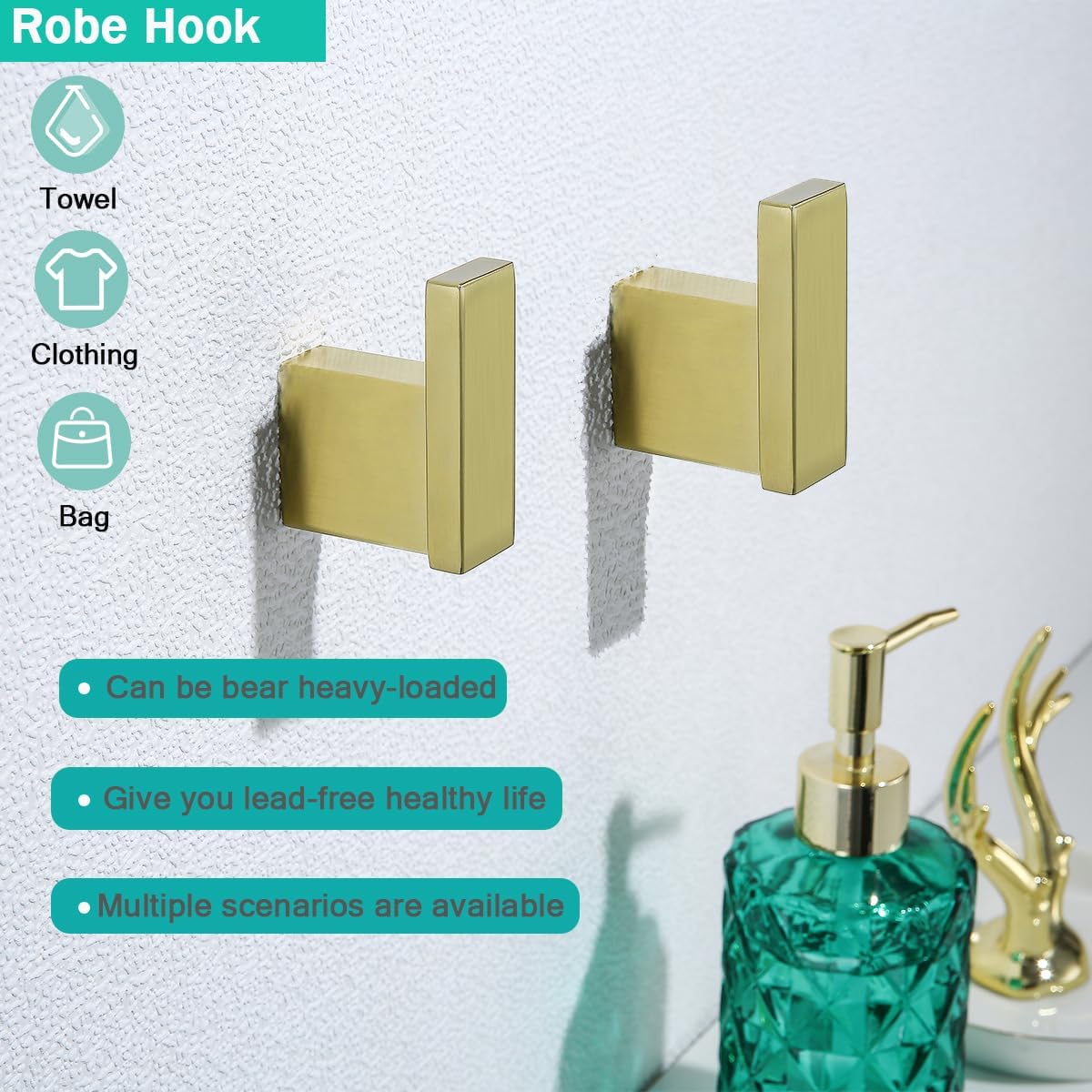 Brushed Gold Bathroom Hardware Accessories Set 4 Pieces Bath Towel Bar Set with 18 Inch Towel Bar,Toilet Paper Holder,Towel Hooks,SUS 304 Stainless Steel Wall Mounted Bathroom Towel Rack Set