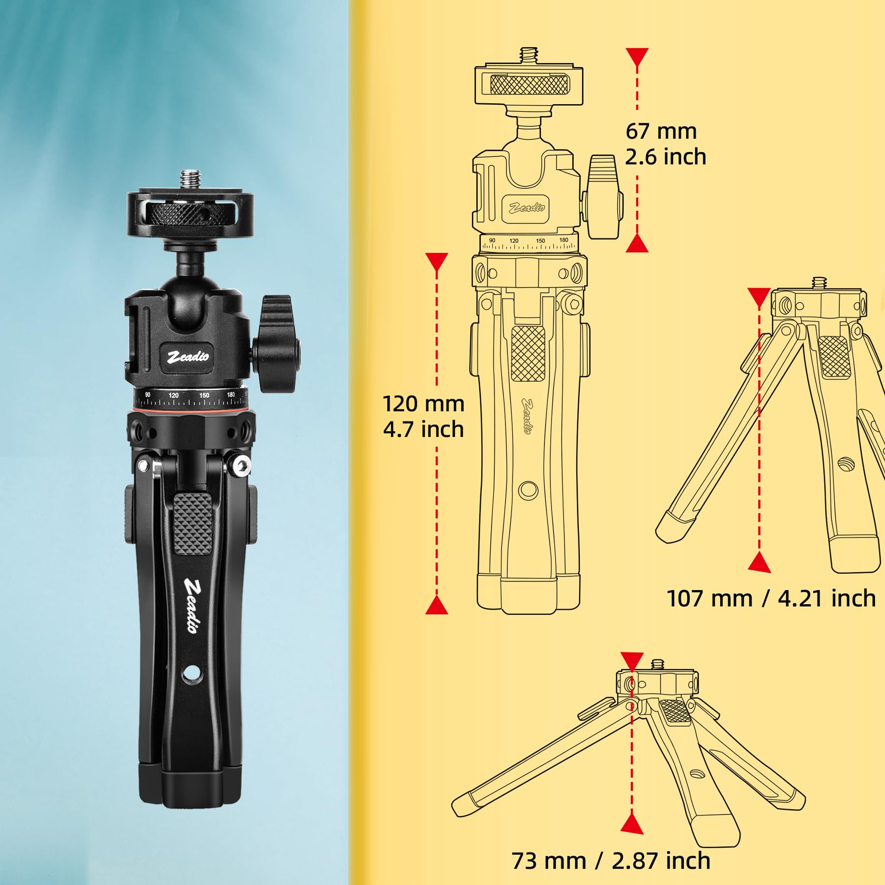 Zeadio Robustes Stativ-Set aus Metall, 1/4" Adapter Stativgewinde mit Smartphone-Halter & Action-Cam-Adapter Handy-Stativ & Reisestativ für iPhone/Android Kamera Gimbal Action-Cam u.a