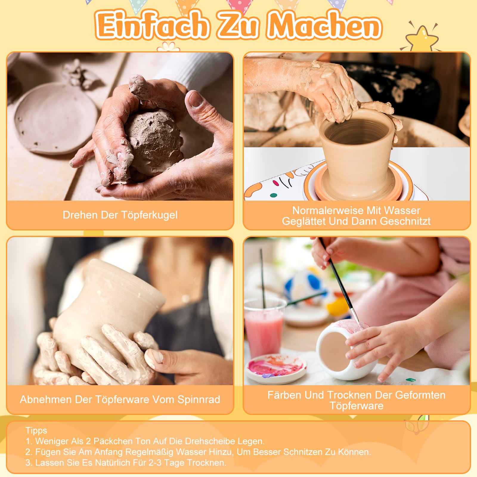 IEEILULU Töpferset für Kinder, Töpferscheibe Elektrisch für Kinder, Mini Töpferscheibe mit Töpferton, Farben, Diamant Aufkleber, Pottery Set DIY Töpfern Bastelset Geschenke Mädchen (Kaninchen)
