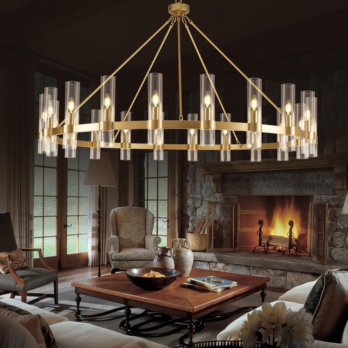 Gold Wagon Wheel Chandelier, 60 Inch Chandeliers with Glass Shade, 20 Light Chandelier for High Ceiling, Modern Farmhouse Chandeliers for Living Room, Dining Room, Entryway, Stairwell(Bulbs Included)