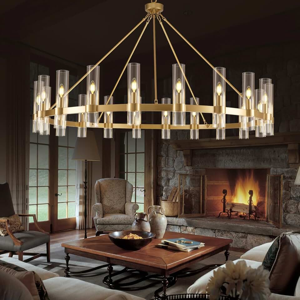 Gold Wagon Wheel Chandelier, 60 Inch Chandeliers with Glass Shade, 20 Light Chandelier for High Ceiling, Modern Farmhouse Chandeliers for Living Room, Dining Room, Entryway, Stairwell(Bulbs Included)