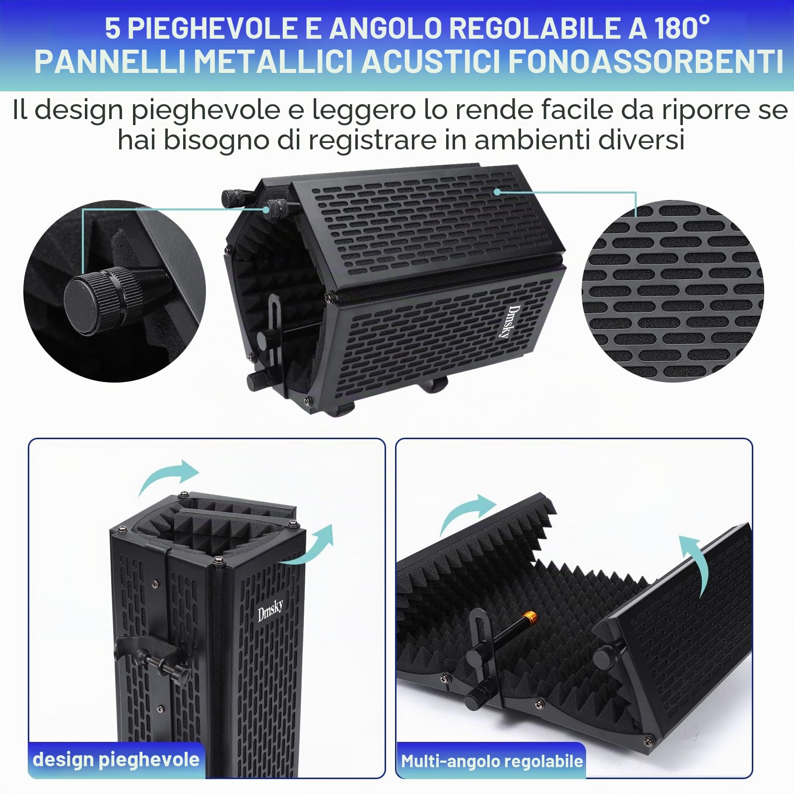 Dmsky - Schermo isolante per microfono con filtro pop e supporto per treppiede, scudo microfono pieghevole con triplo isolamento acustico, per studio di registrazione, podcast, canto, trasmissioni