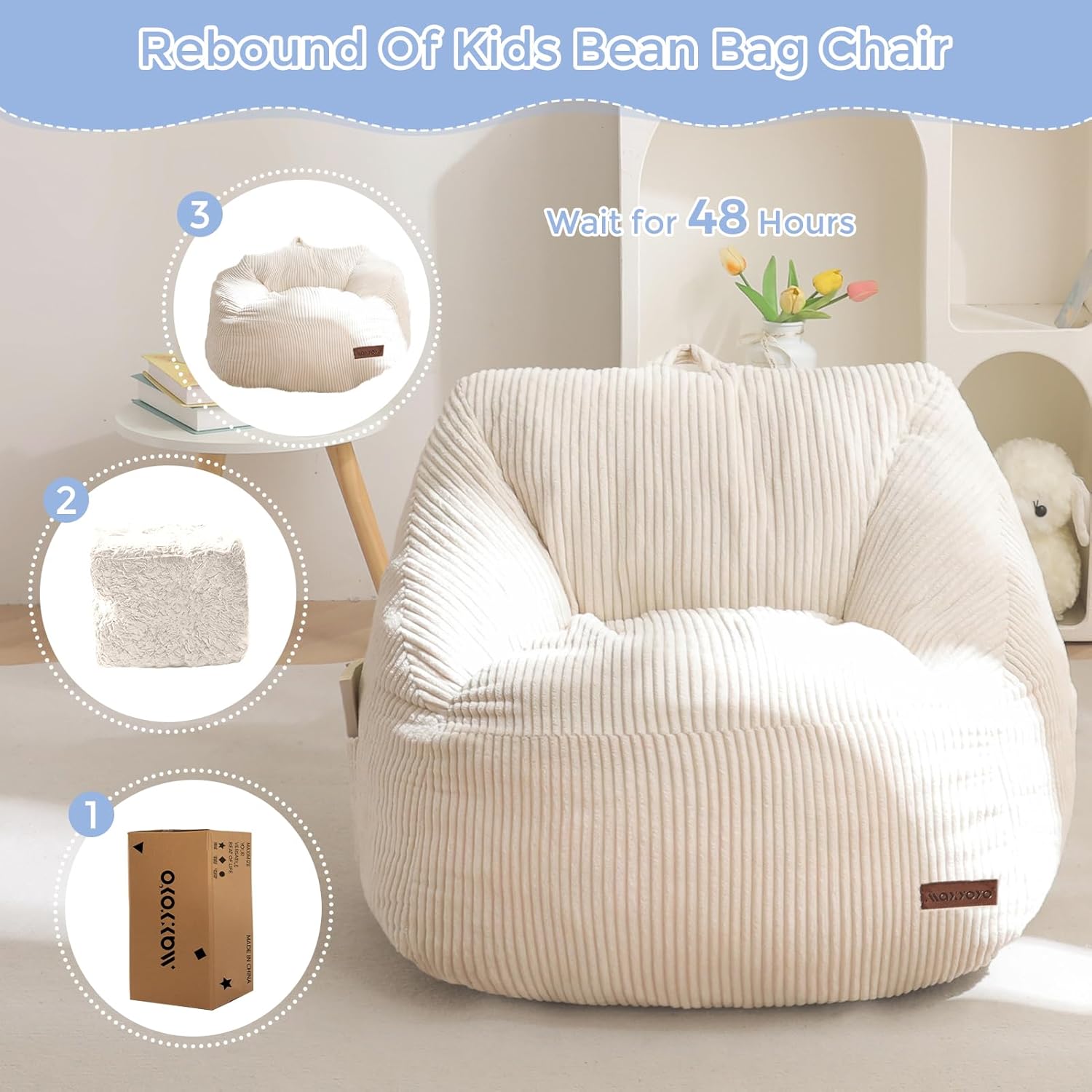 MAXYOYO Kids Bean Bag Chair, Bean Bag Couch with Handle, Comfy Toddler Chair for Boys and Girls, Accent Sofa Chair with Pocket for Gaming Reading Relaxing, Beige