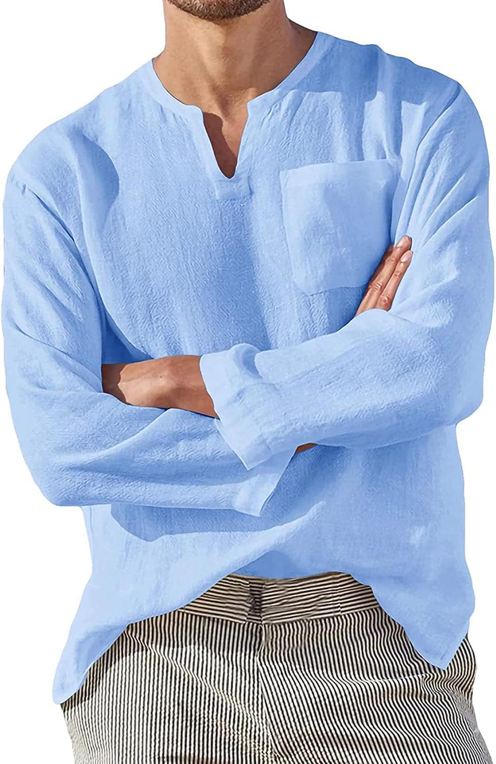 Men's Cotton Linen V-Neck Shirt Casual Long Sleeve Beach Shirt Lightweight Solid Color Tops with Pockets