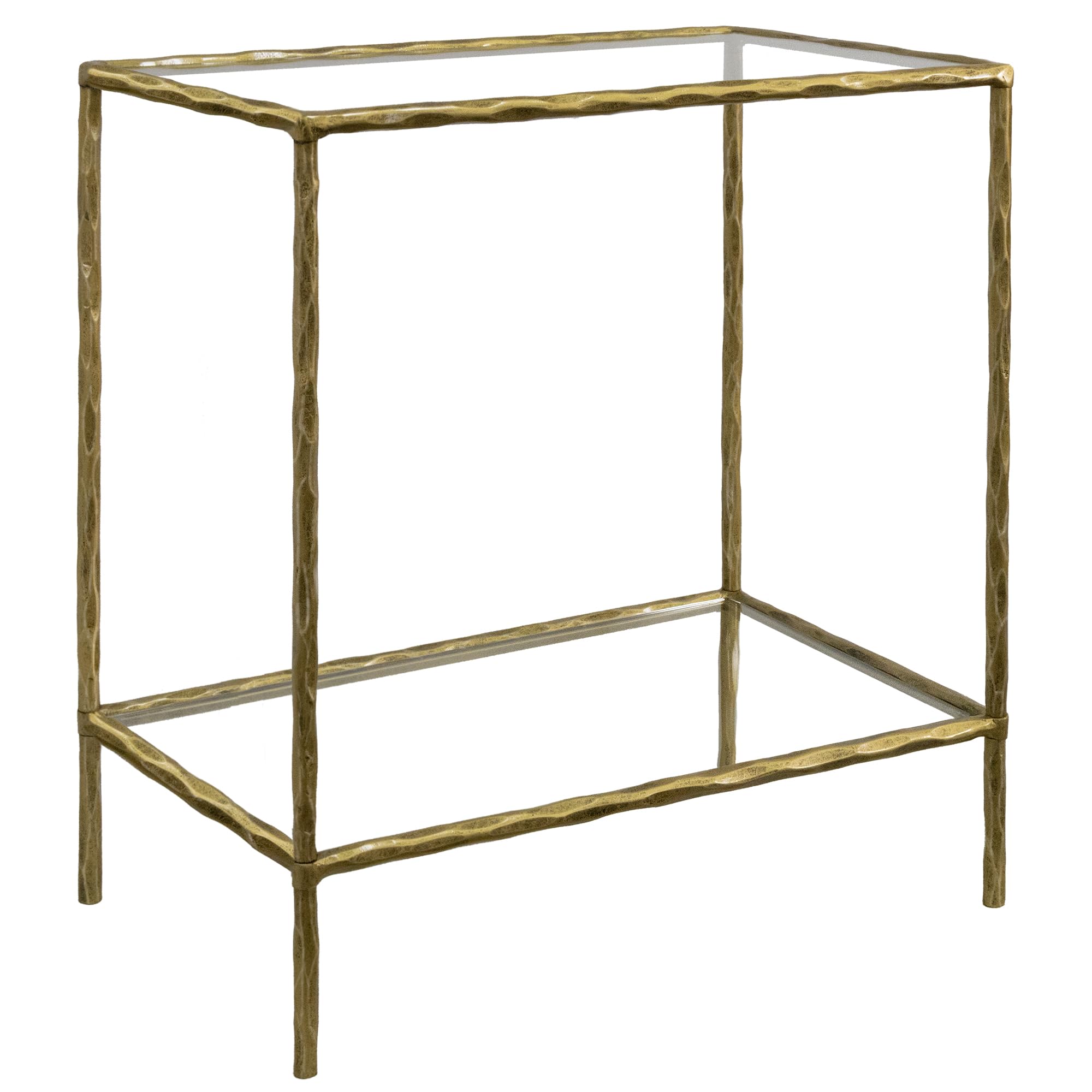 BEGINS Hand Forged Side Table 2 Tier, Vintage End Table Glass Top Coffee Table, Accent Table with Solid Hammered Frame, Suitable for Living Room, Bedroom, Study Room, Entryway (Gold, Rectangle)