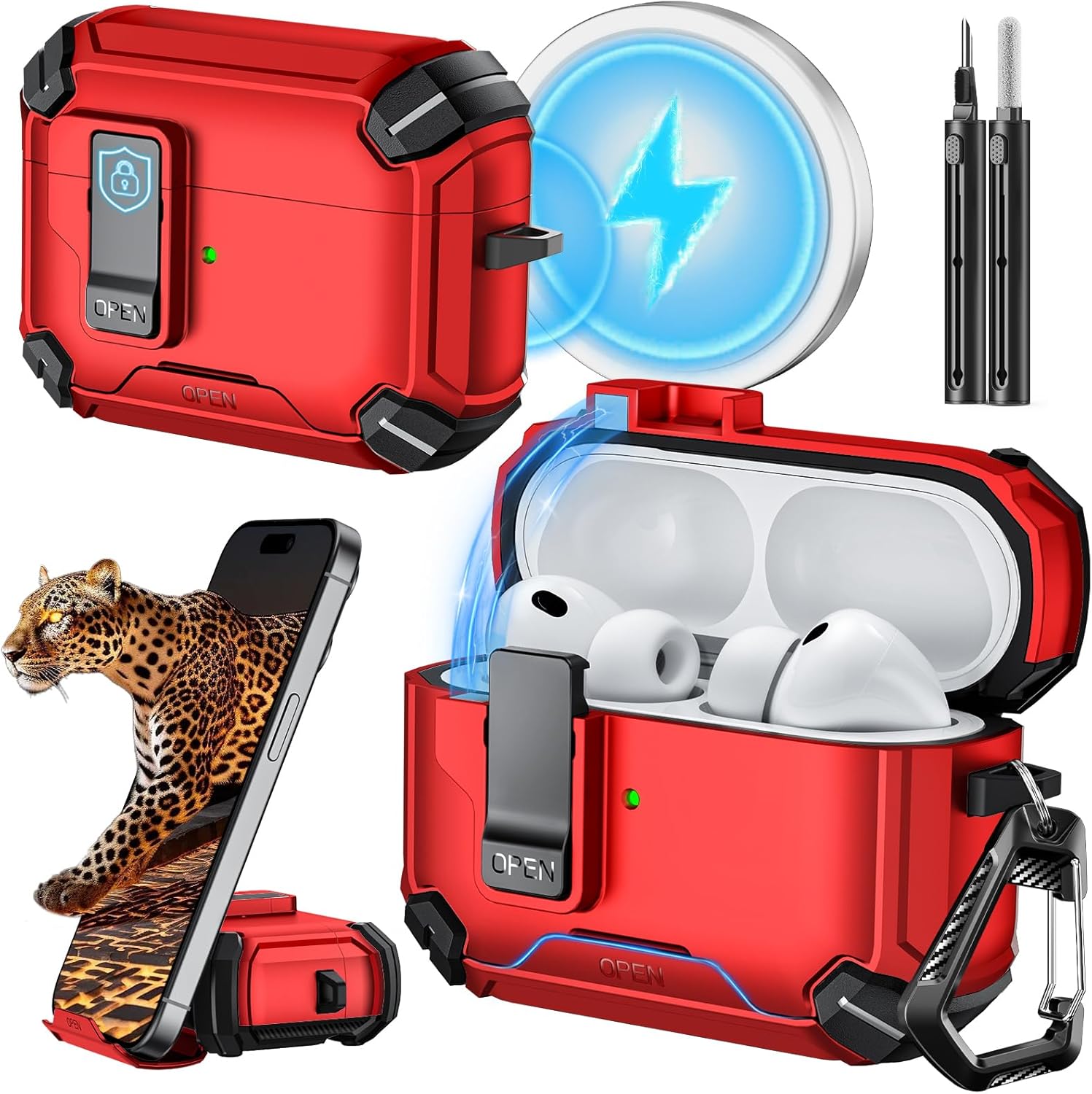 inesore for airpods pro 3 case (2025) with phone stand & cleaning kit,compatible with magsafe,magnetic automatic lock cover for airpods pro 3rd generation, red airpods pro 3 (2025) b-red