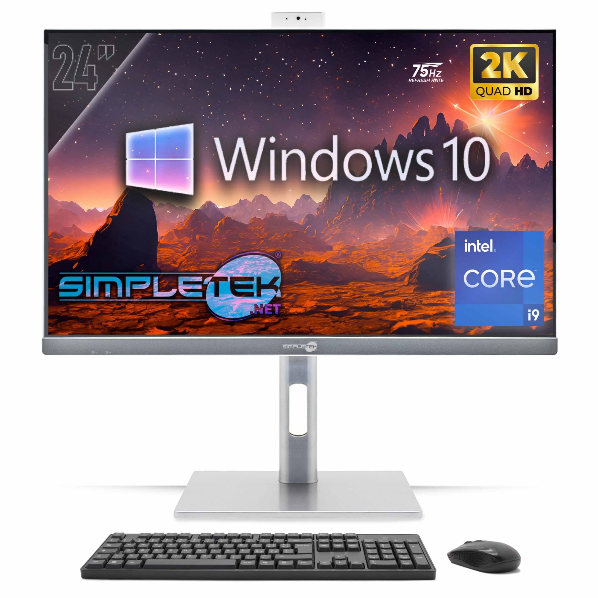 SIMPLETEK Wszystko w jednym komputerze 24" 2K 75 Hz Core i9 GTX 1660, 6 GB GDDR6, Windows 10 Pro 16 GB RAM i SSD 480 GB, komputer All-in-One VESA, wbudowana kamera internetowa