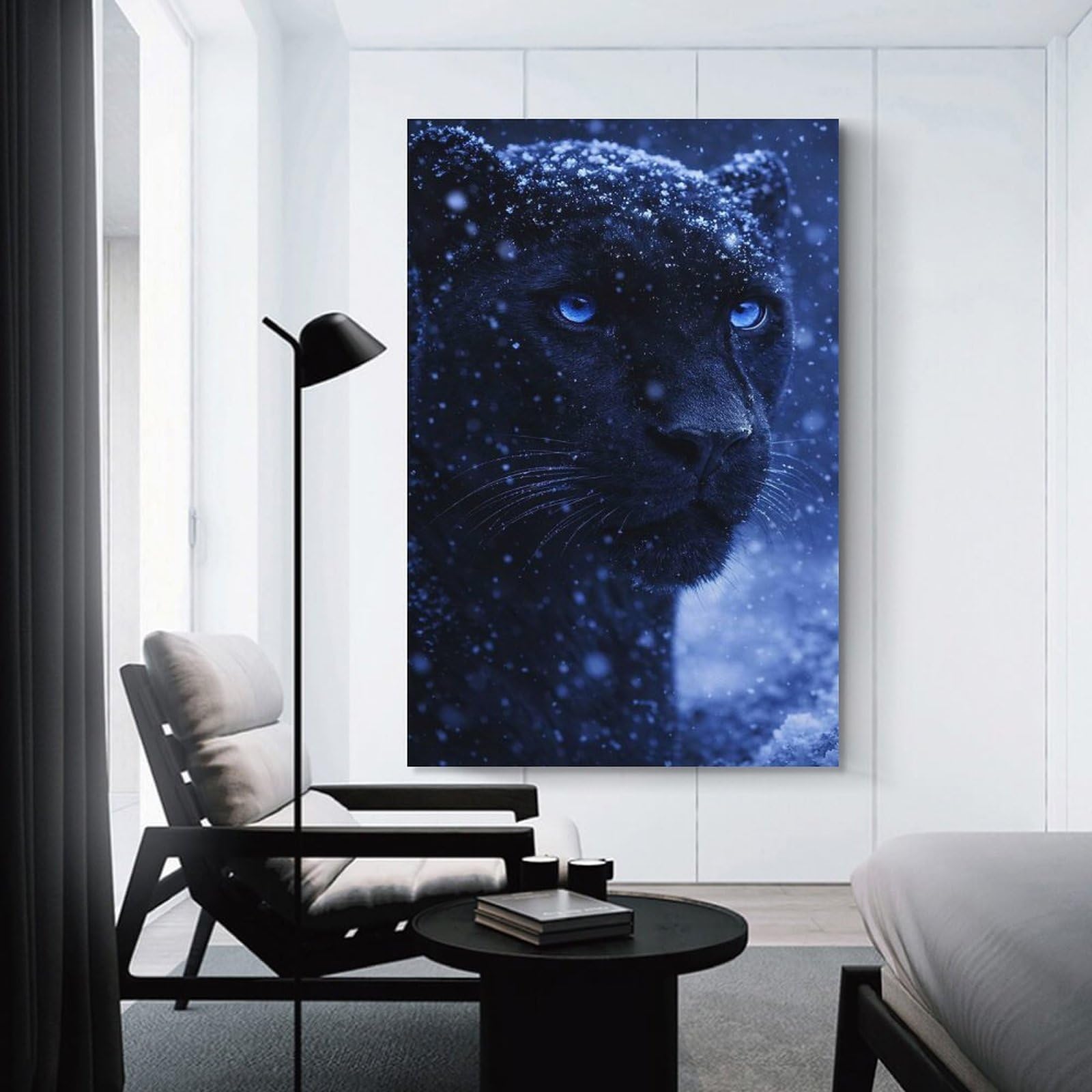 Junmoney Black Panther with Blue Eyes in Snow Decorative Wall Artwork, 08x12inch(20x30cm), for Corridors, Hallways Or Apartment Entries, Home Artwork for First Impressions