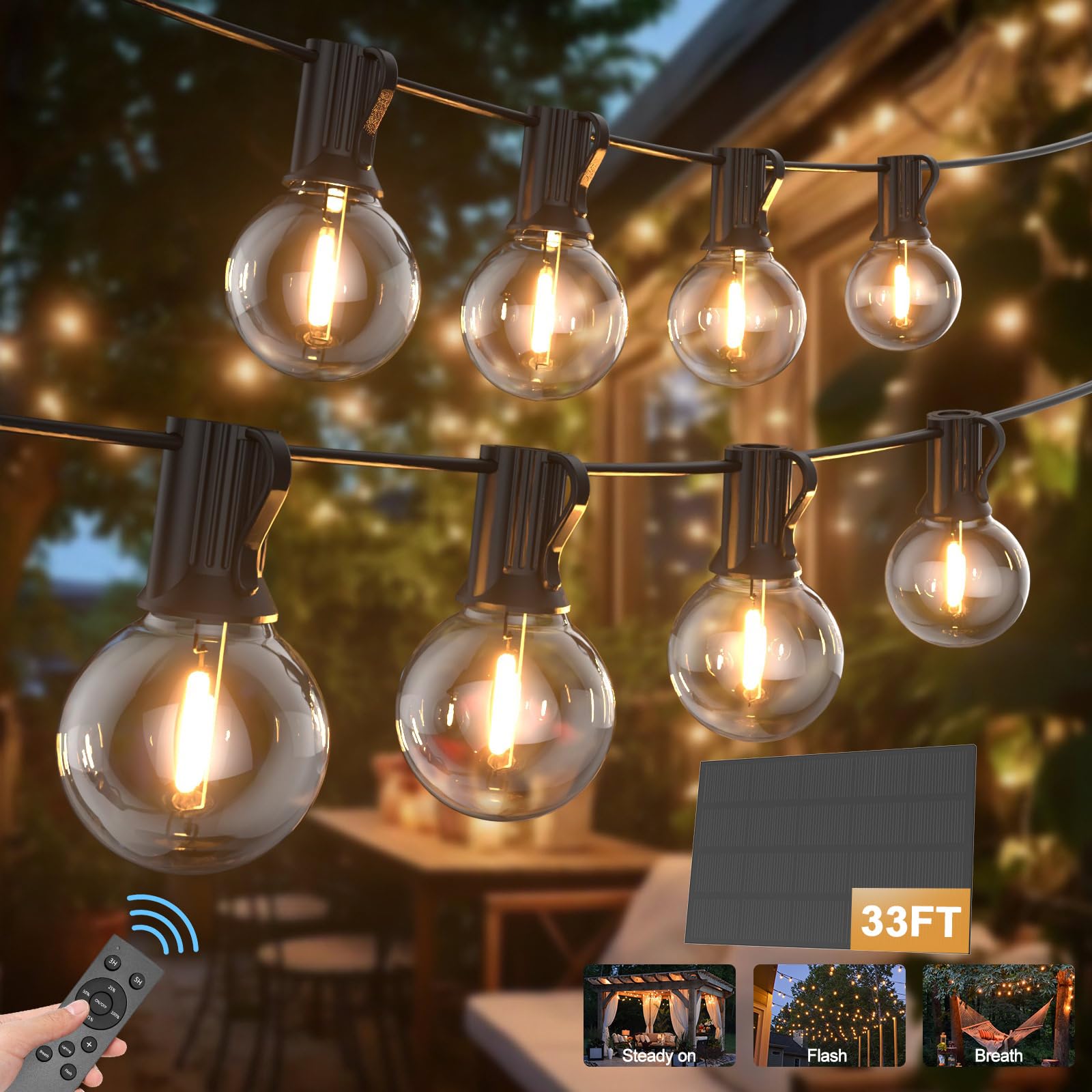 Solar Festoon Lights Outdoor,10M/33FT Outdoor String Light Solar Powered with 20+2 G40 LED Shatterproof Bulb,3 Remote Control Modes Solar String Lights IP45 Waterproof for Patio Party Wedding Decor