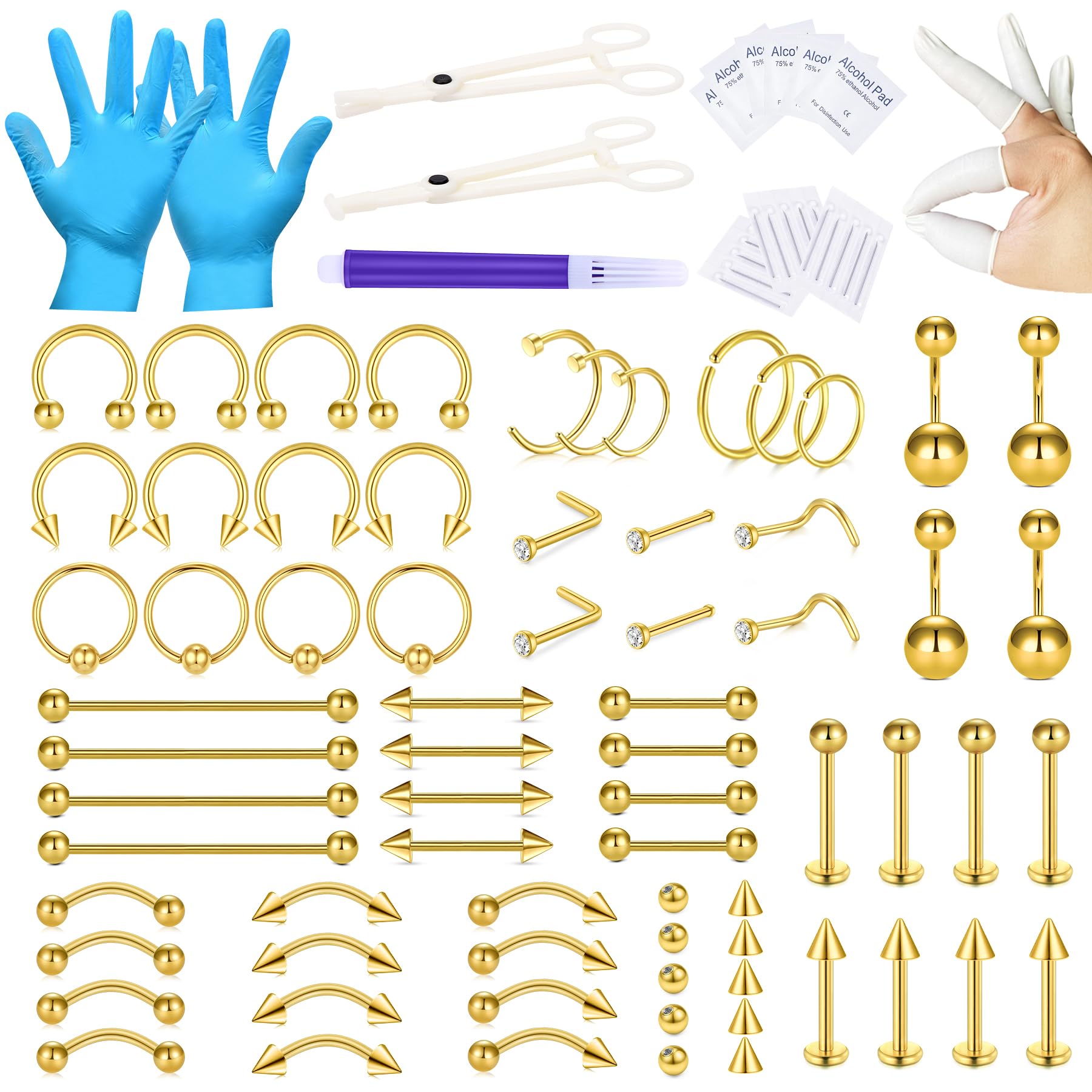 WillTen Kit De 100 Pièces Pour Tous Les Piercings - 12G 14G 16G Aiguilles Pour Septum, Nombril, Lèvre, Langue, Cartilage, Oreille, Tragus, Helix - Bijoux Clip Toolkit Pour Femmes, Métal