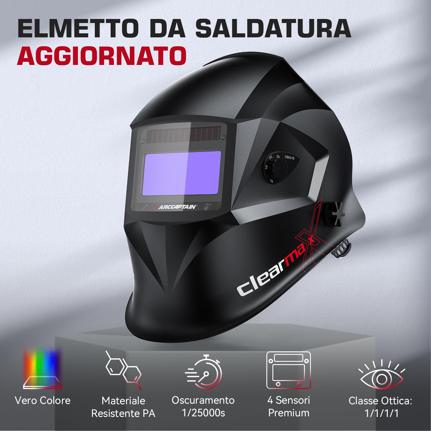 ARCCAPTAIN Casco da saldatura auto oscurante, maschera per saldatura ad energia solare con 4 sensori ad arco, chiarezza ottica 1/1/1/1 e tonalità regolabile 4/9-13 casco saldatore