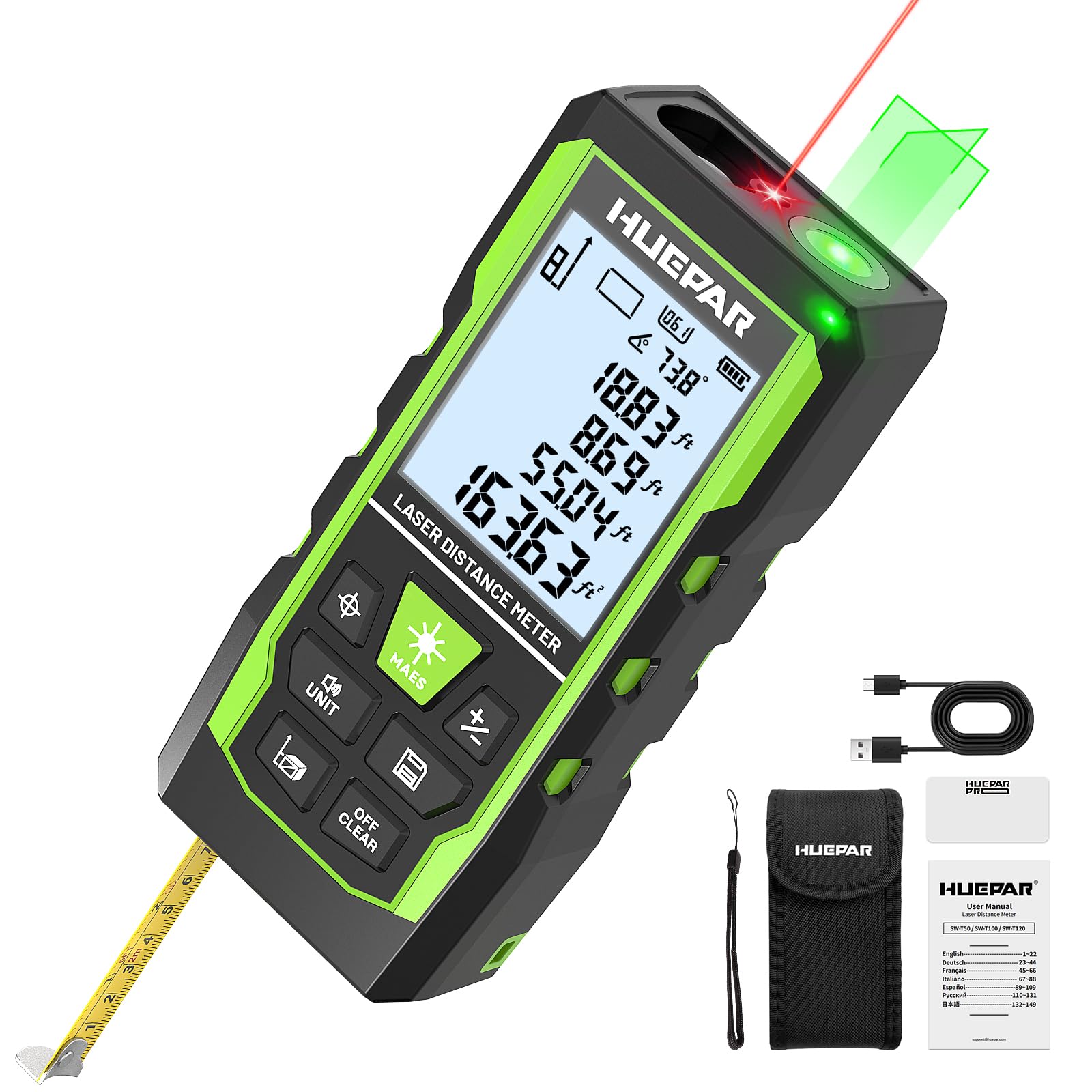 Huepar 3-in-1 Laser Measuring Tool, 400Ft Laser Measure & 33Ft Green Cross Line Laser Level & 6.5Ft Tape Measure, Rechargeable, Voice Broadcast, Multi-Mode, Rugged for Construction &Home Use, SW-T120