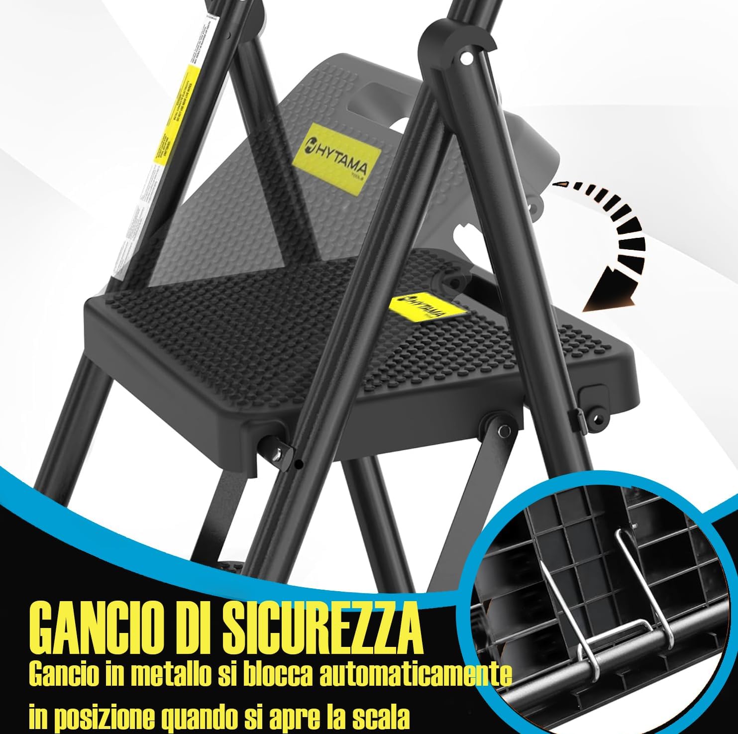 HYTAMA Scala Scaletta Pieghevole 3 Gradini Nero con Piedini Antiscivolo, Struttura in Acciaio, Impugnatura in Spugna, Leggera, Multiuso, Certificata EN14183 testata fino a 250Kg