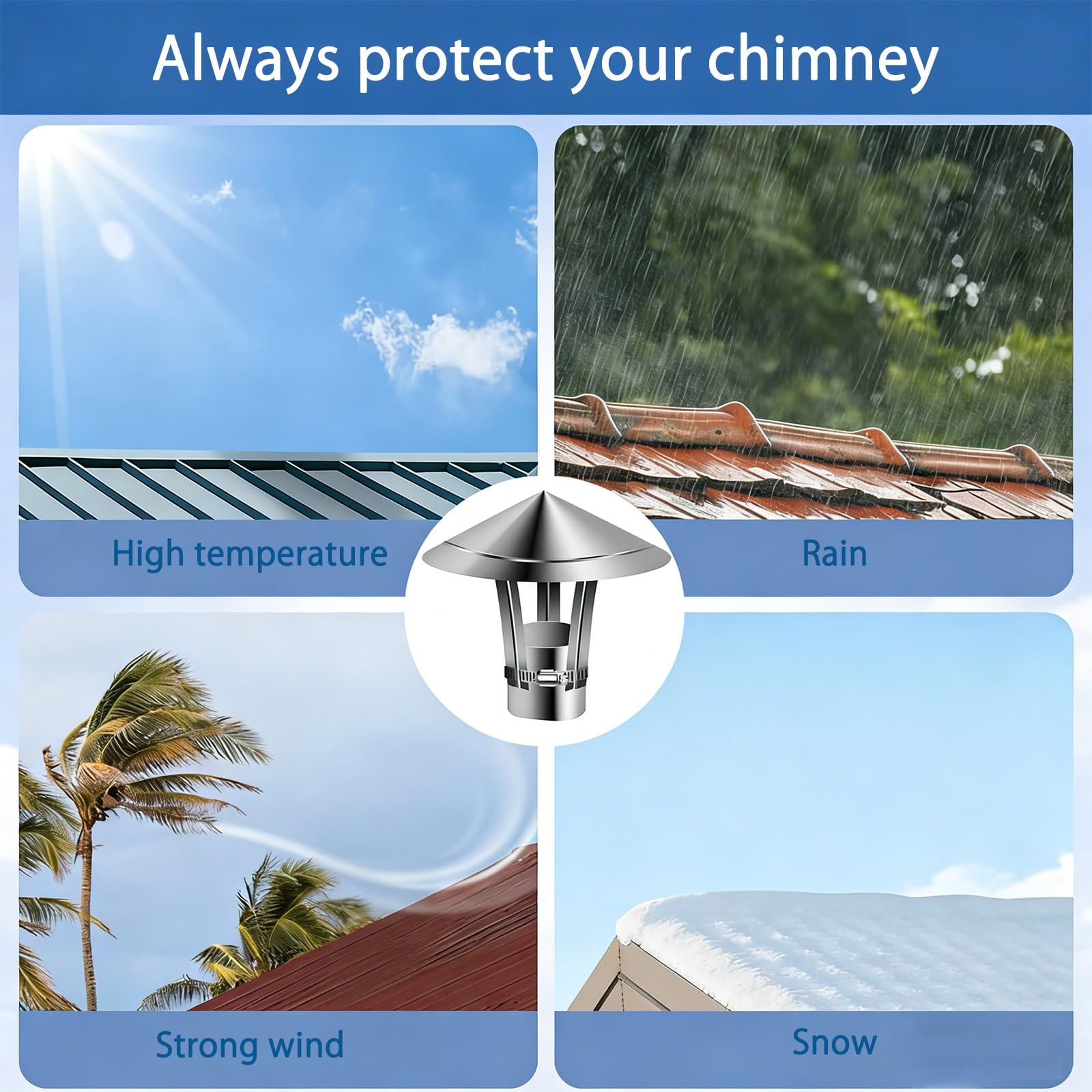 Deszcz Nasada kominowa Stal nierdzewna, 50mm-300mm Dach Nasada rury pieca, Okrągły Osłona przewodu kominowego Nasada, Rura wydechowa Wentylacja Osłona z Gloves(70mm/2.8in)