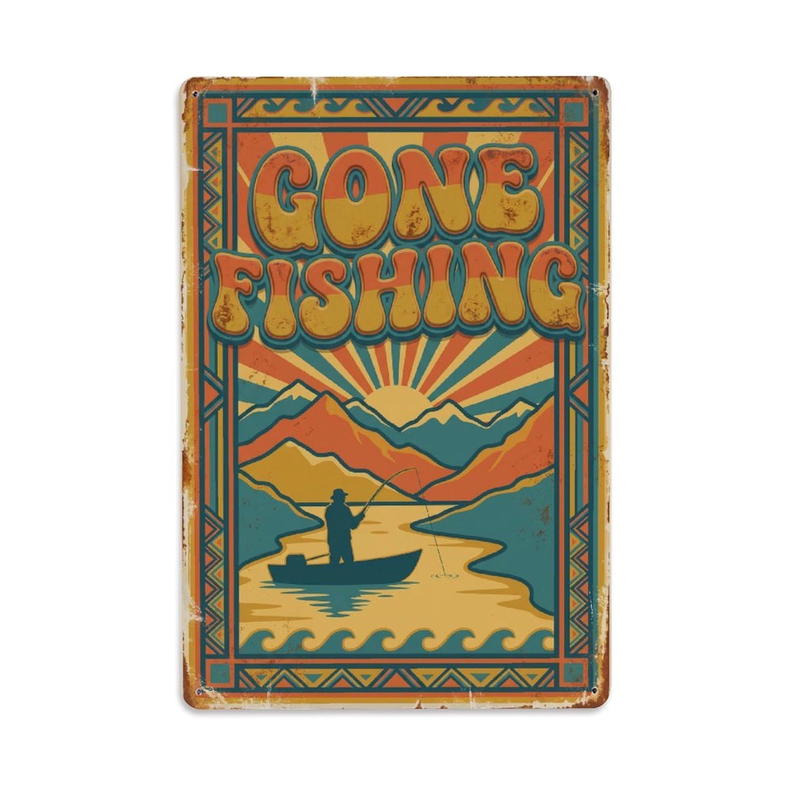 Gone Fishing Grandpa Present Vintage Metal Tin Sign Plaque Wall Decor for Cafe, Club, Garden Metal Poster 8x12Inch