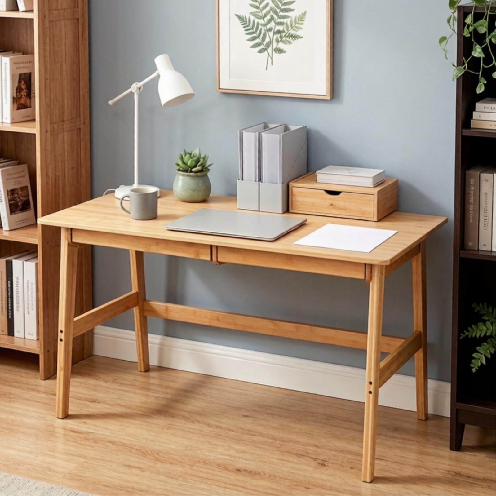 Dicunoy Computer Desk with 2 Drawers, 46" Solid Bamboo Home Office Writing Desk for Small Space, Compact Simple Tables with Gap Design and Hook for PC