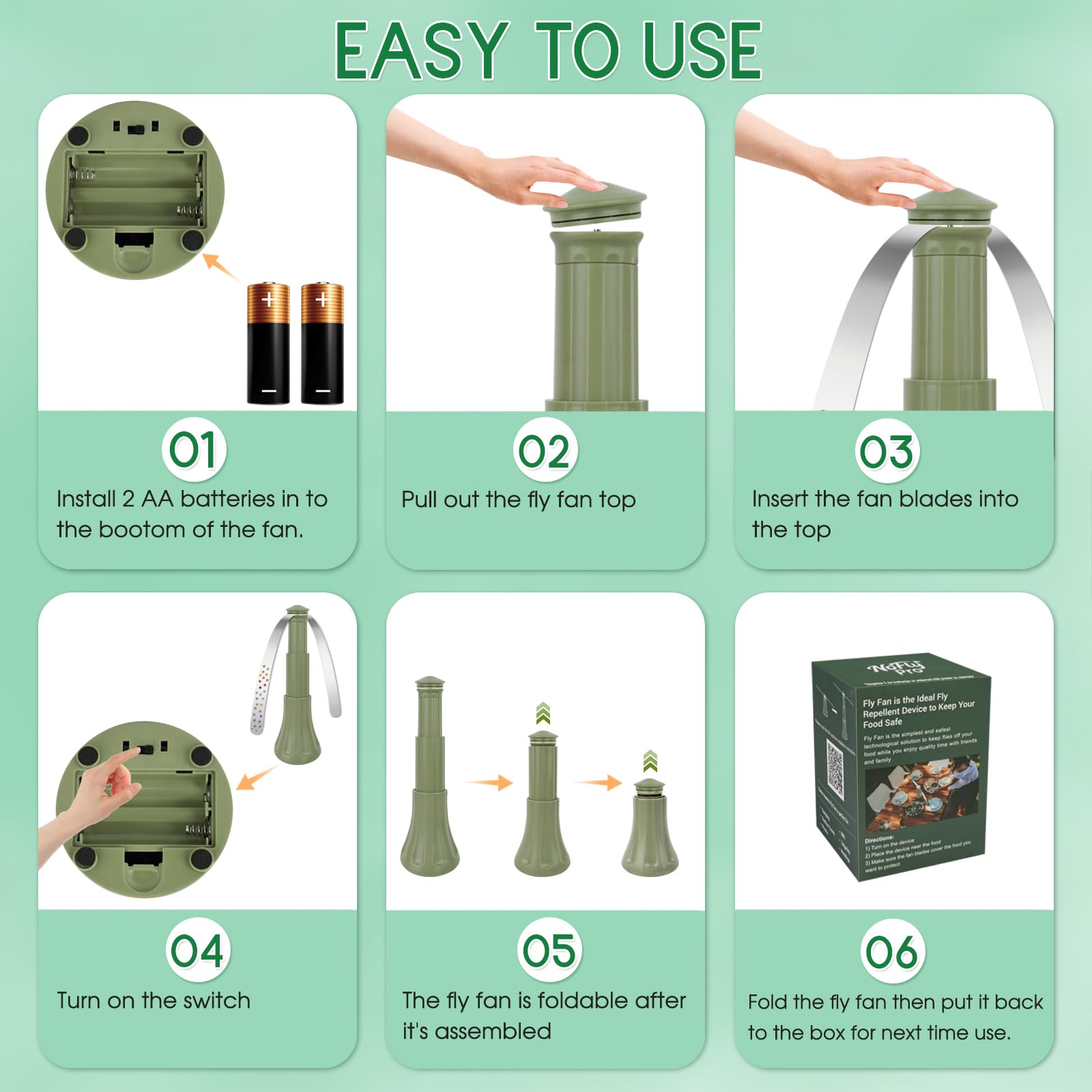 Antimosche da Tavolo Ventilatore per Allontanare le Mosche, Retrattili Ventilatore Deterrente per Mosche per Uso Interno ed Esterno per Picnic, Ristoranti e Barbecue (2, Verde)