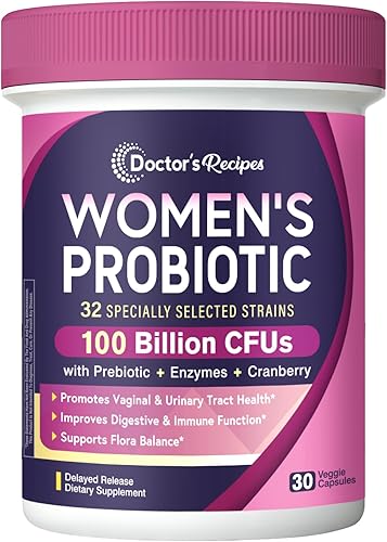 Doctor's Recipes - Probiótico para mujeres, 30 cápsulas con 100 mil millones de UFC, 32 cepas, con prebióticos orgánicos sabor arándano, para salud
