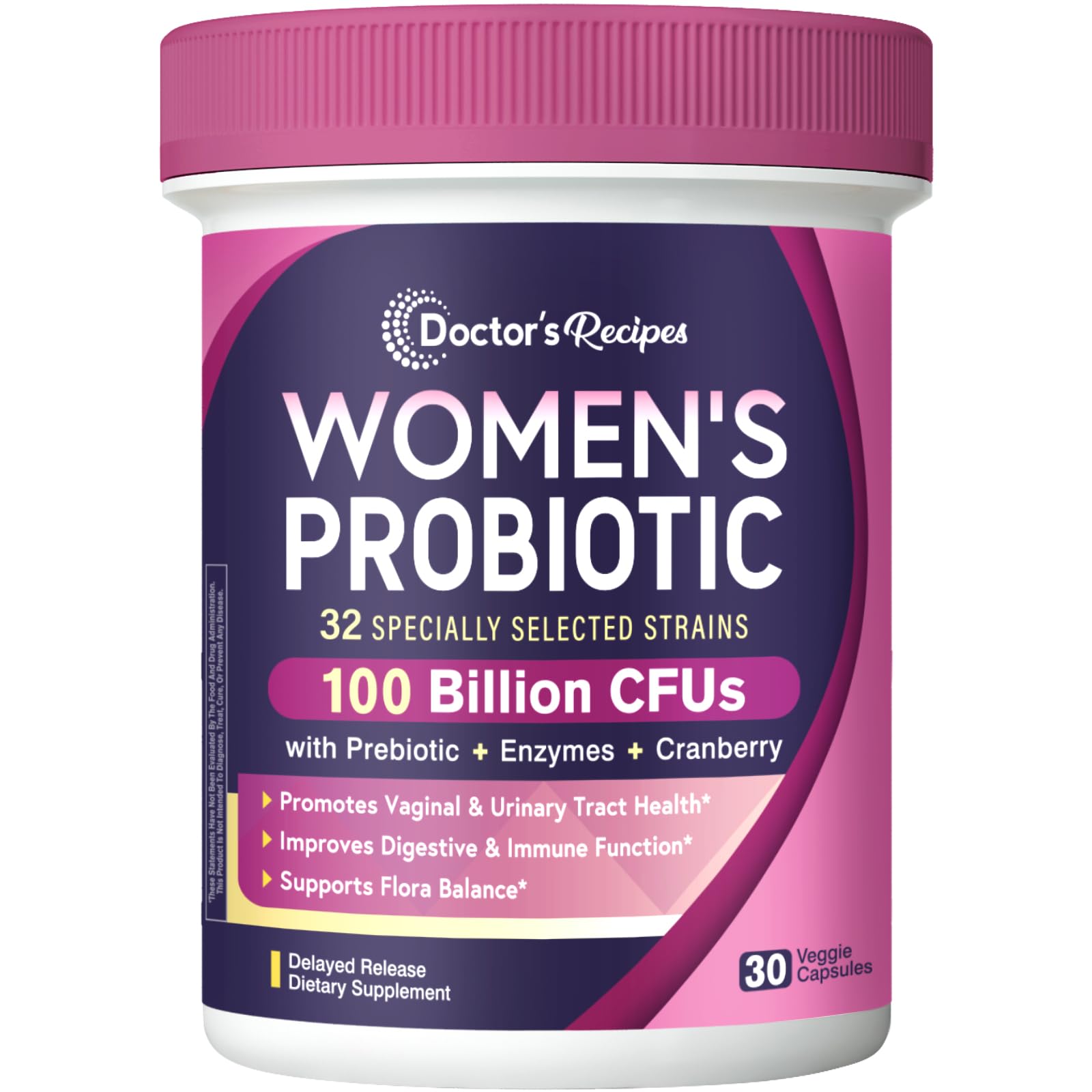 Doctor's Recipes Probiotics for Women, 100 Billion CFU 32 Strains, with Prebiotic, Enzymes & Cranberry, Shelf Stable, Delayed Release, 30 Caps