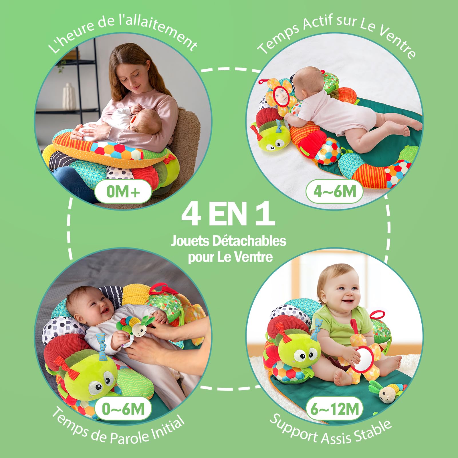 hahaland Jouet Bebe 0-3 6 9 Mois, 3 en 1 Tummy Time Chenille Coussin Bebe Tapis d eveil Bebe avec Anneau Dentition Bebe, Hochet et Miroir, Jouet d'activité et développement pour Nouveau-Nés 0-6Mois