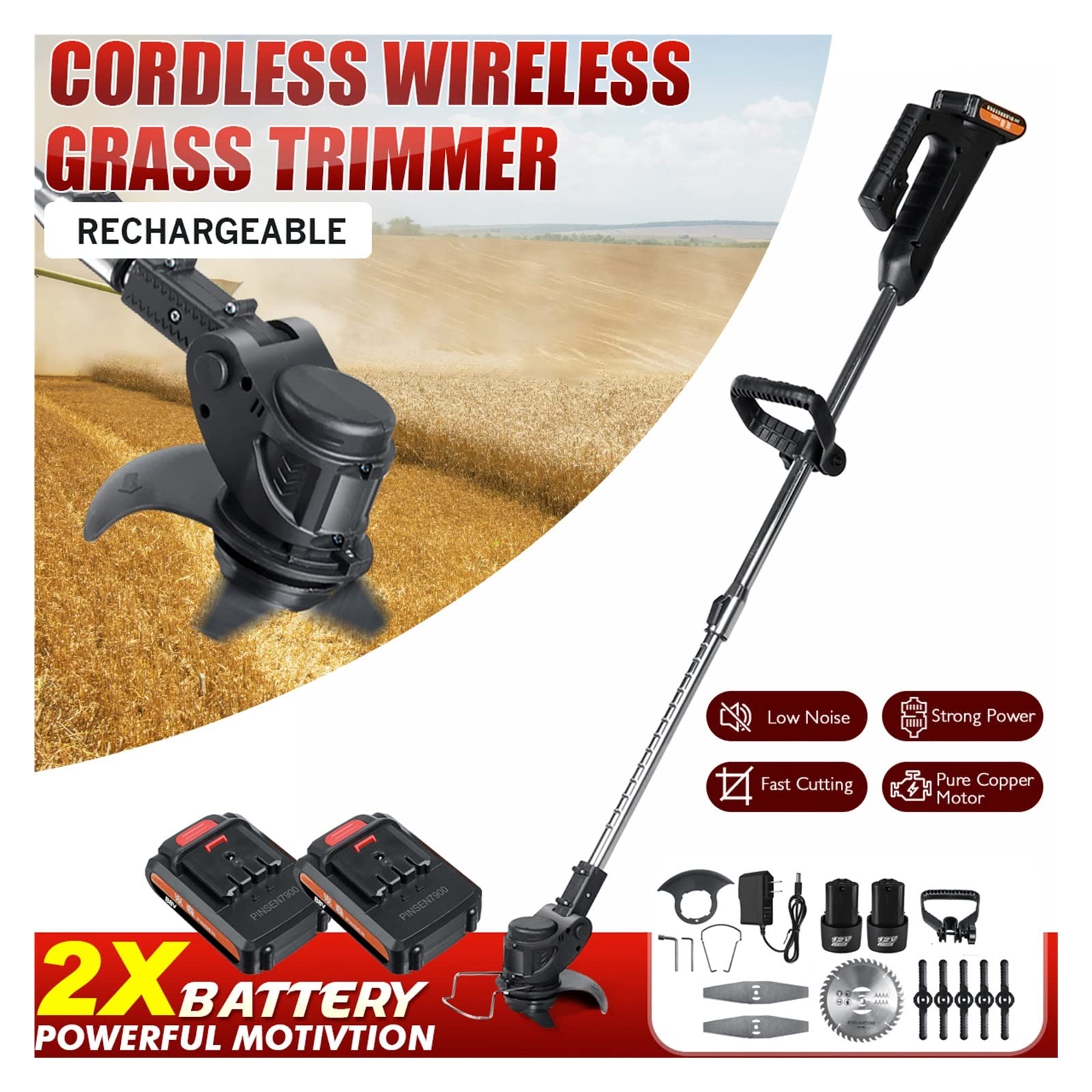 Taglia erba, Tagliaerba elettrico da 1000 W 24 V con batteria 22980 mAh a senza fili potatura giardino regolabile in lunghezza(1 Battery)