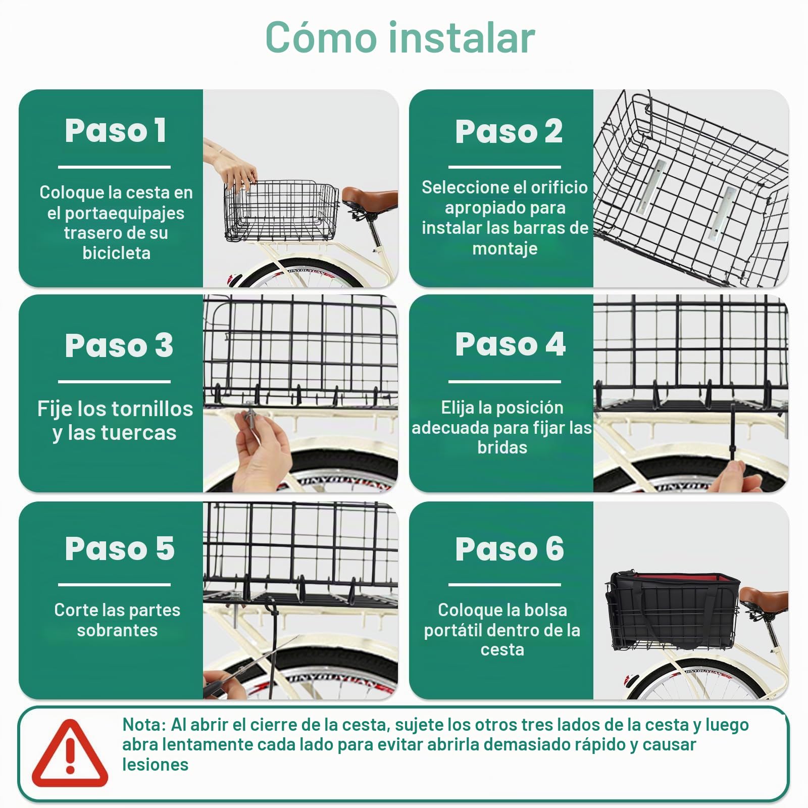 Cesta Trasera Bicicleta de Metal con Bolsillo Interior, Cesta Portaequipajes Universal para Compra Viaje Transporte de Mascotas y Alimentos, Compatible con Bicicletas y Bicicletas Eléctricas