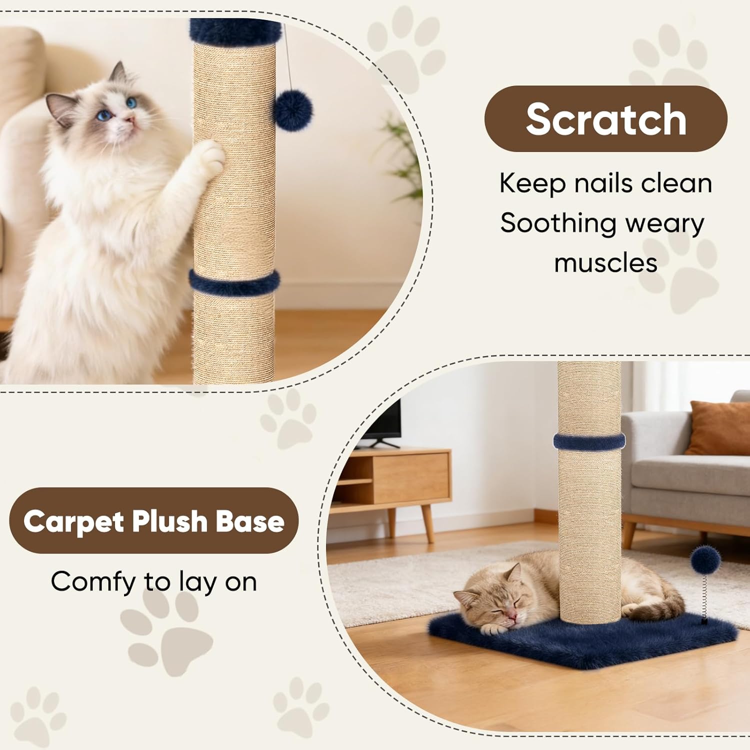 XiaZ Cat Scratching Post 34'' Tall, Cat Scratchers Tree Tower for Indoor Kitty with Extra Wide 15.8" Stable Base and 2 Toy Balls, Natural Sisal & Plush Fabric for Small, Medium Cats(Navy Blue, 2.8in)