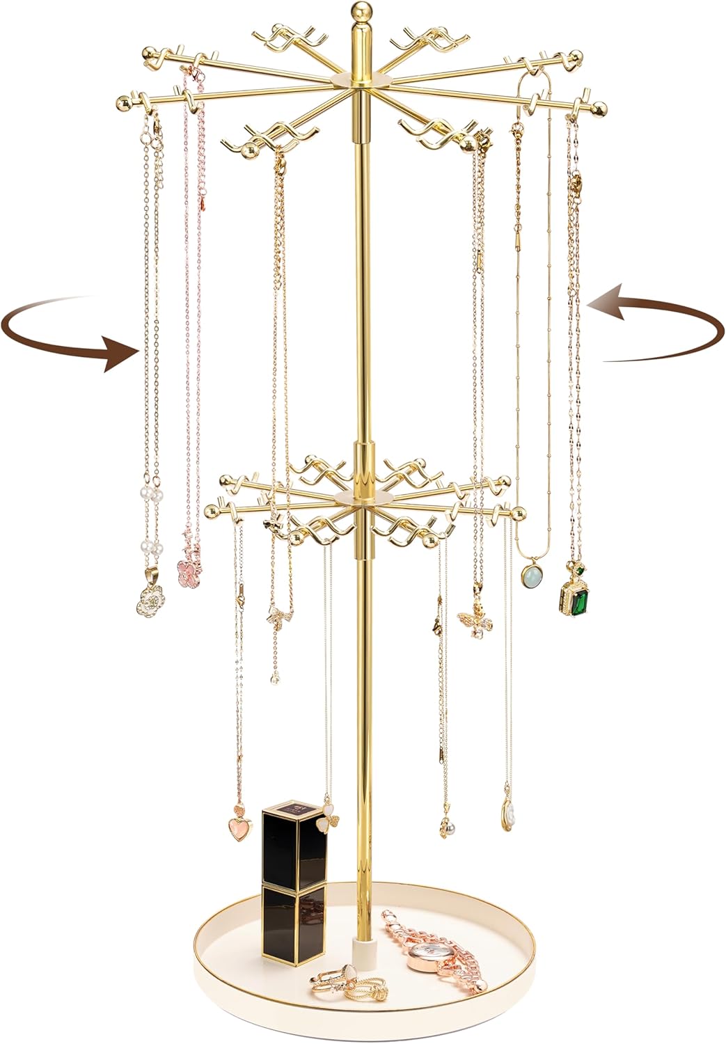 2 Tier Rotating Necklace Holder Jewelry Stand, Necklace Holder Organizer with 64 Hooks, Metal Spinning Jewelry Display Stand for Long Necklace Earring Bracelet Craft Tree Stand for Women Gold