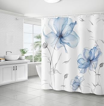 Shower Curtain, Blue and Grey Watercolor Floral Shower Curtain, Ink Painting Style Blossom Shower Curtains Sets for Chic Elegant Bathroom, Artistic Fabric Cloth Flower Shower Curtain, 72x72