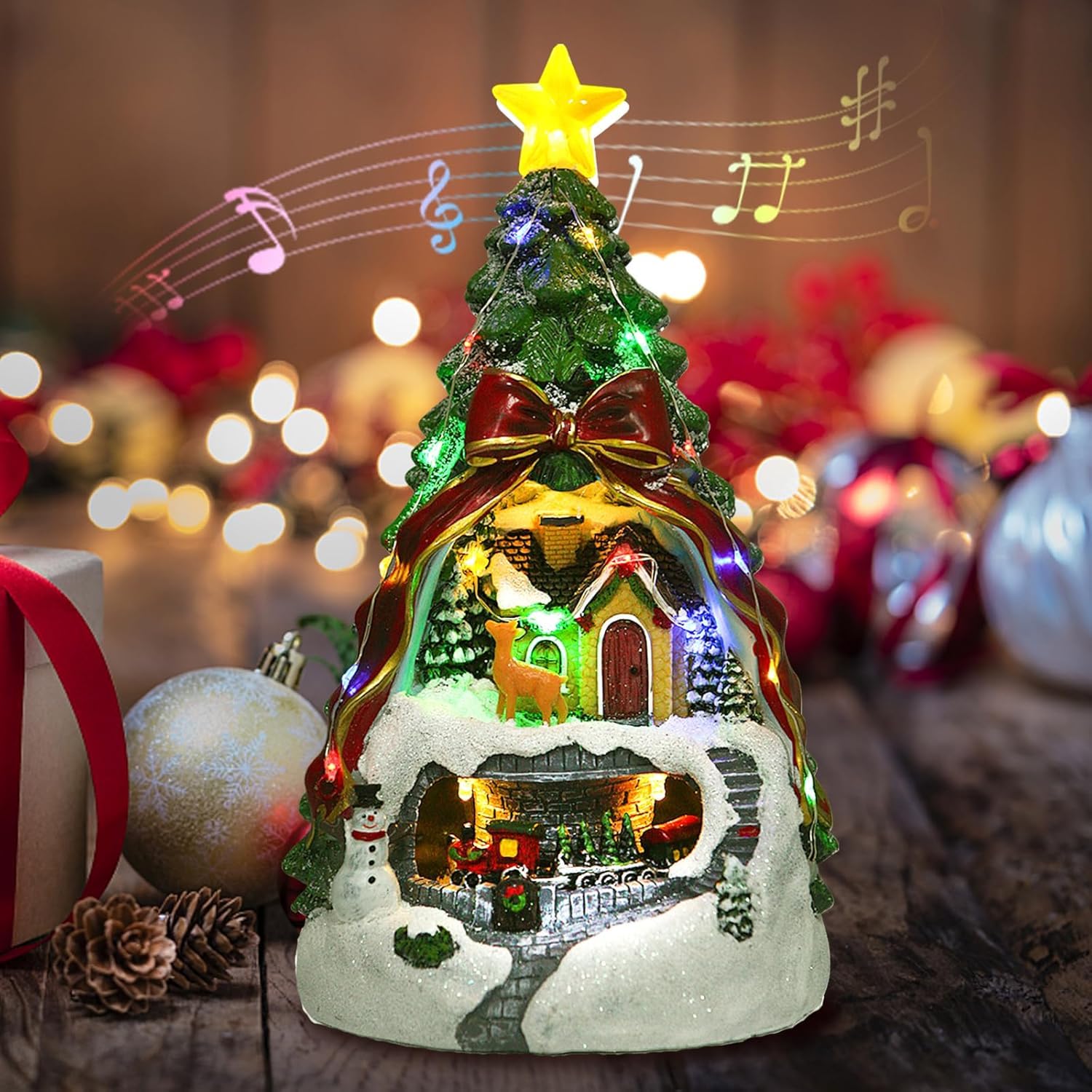 SYOSI Christmas Tree Decoration Snow Village Collectible Buildings Christmas Village House Figurines Moving Train Decor Decoración del árbol de Navidad with 8 Music L