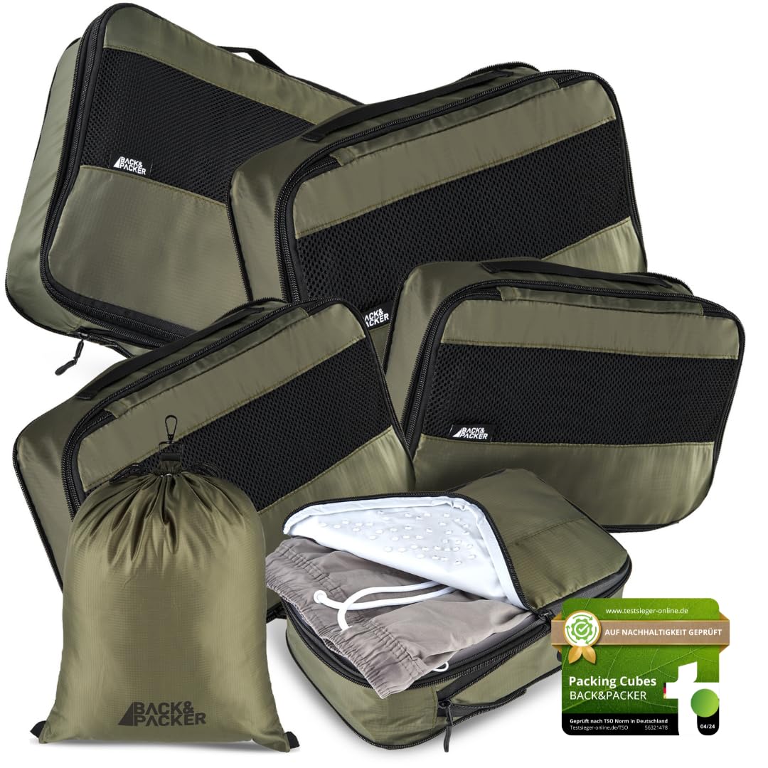 BACK&PACKER® Organizer da viaggio con compressione, set da 6 pezzi in materiale riciclato per zaino e valigia, verde oliva