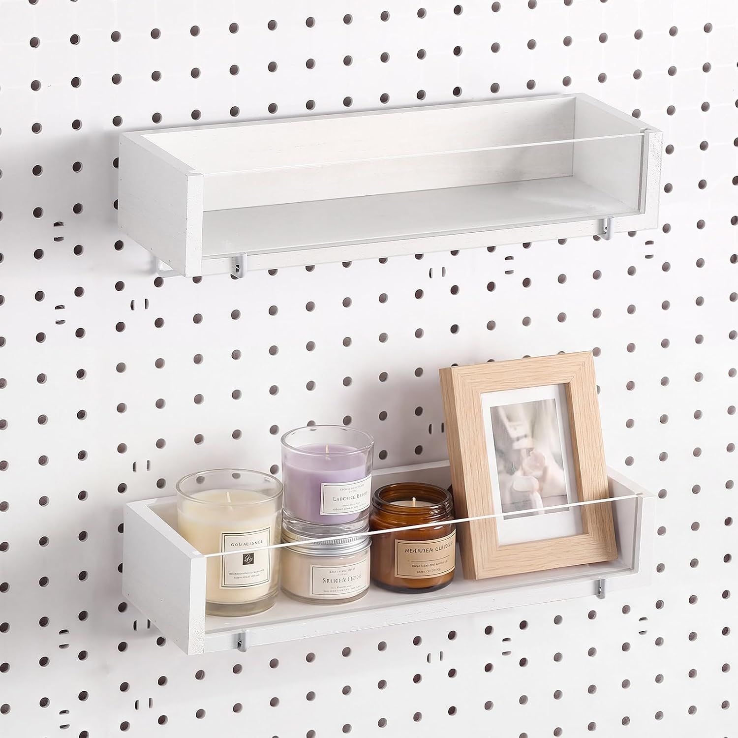 Marsui 2 Pcs Pegboard Shelf Wood with Acrylic 12.2 x 3.94 Inch Display Shelves Brackets with Metal Hooks Heavy Duty Pegboard Accessories for Storage and Organization(Black)