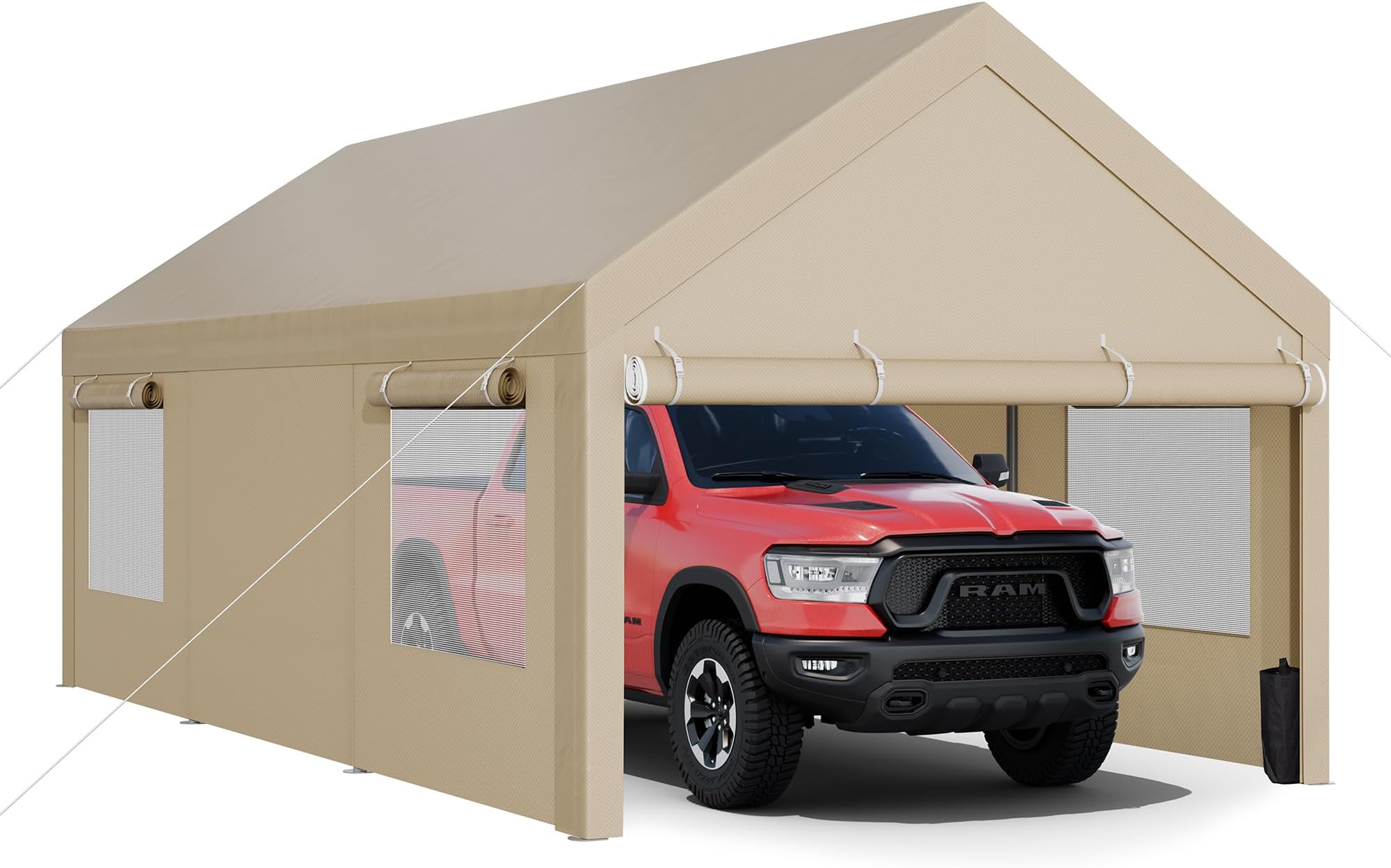 JY QAQA Carport, 12x20 FT Heavy Duty Carport Reinforced Steel Poles with Removable Sidewalls & Doors,Roll-up Windows Car Canopy with Sandbags and All-Season Tarp for Car Boat Truck Motorcycle