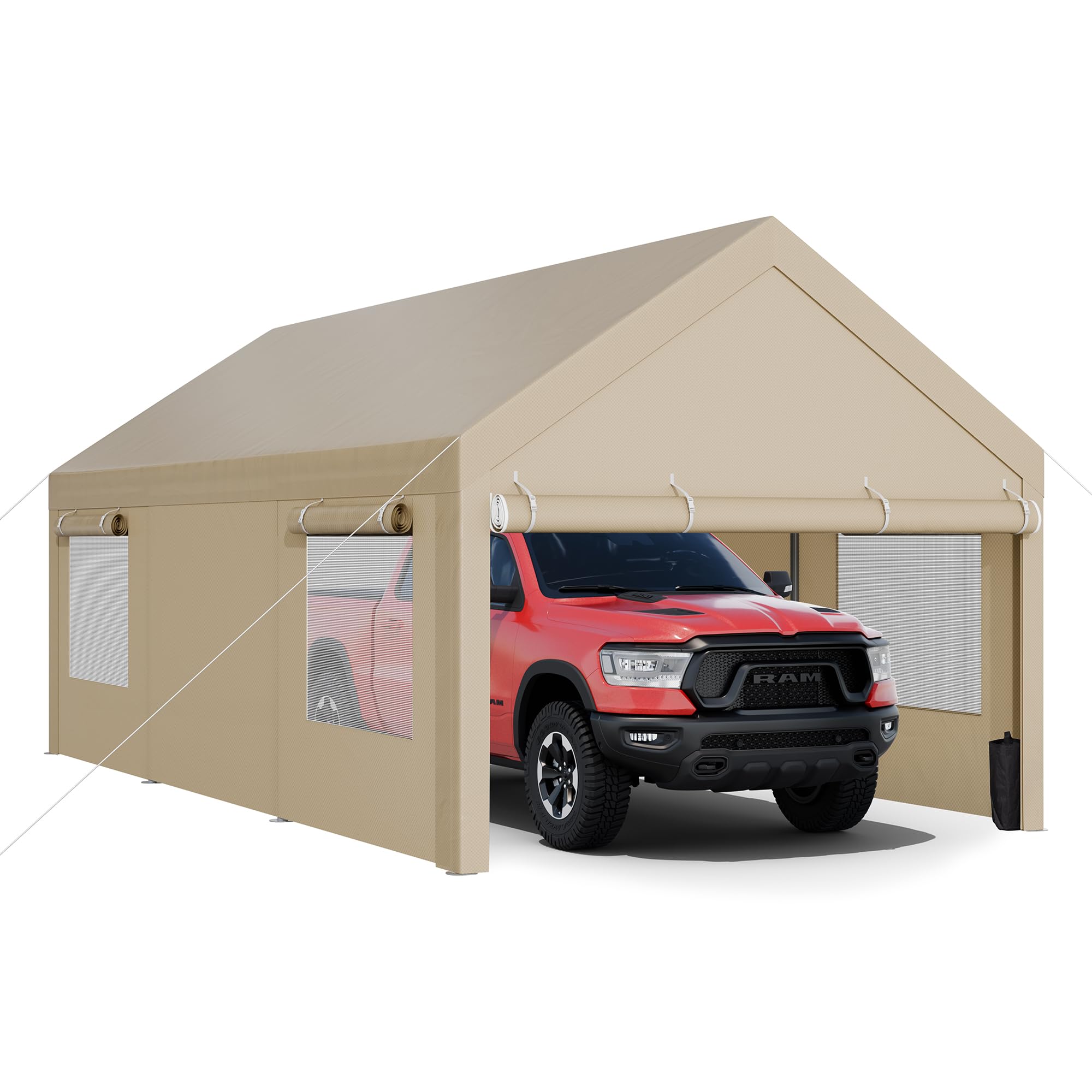 JY QAQA Carport, 12x20 FT Heavy Duty Carport Reinforced Steel Poles with Removable Sidewalls & Doors,Roll-up Windows Car Canopy with Sandbags and All-Season Tarp for Car Boat Truck Motorcycle