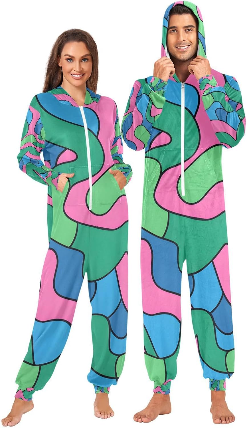 Abstract Red Green Stripes Unisex Adult Onesie Pajamas Comfy One Piece Costume Jumpsuits Novelty Sleepwear Homewear for Men Women